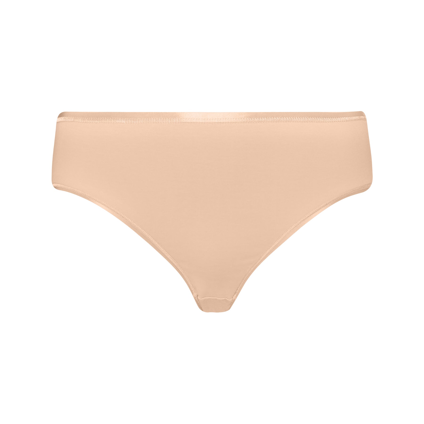 Front view of Hanro Cotton Seamless Bikini Panty in Beige, showcasing a smooth waistband and classic bikini cut.
