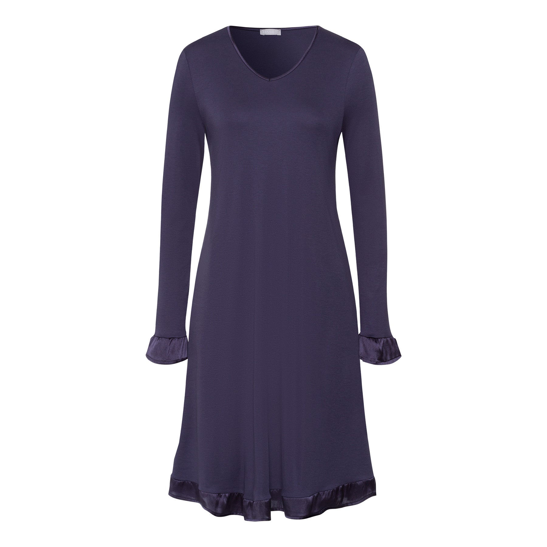 Studio front image of HANRO Claire long-sleeve nightgown in Bluestone – elegant V-neck modal nightdress with satin details