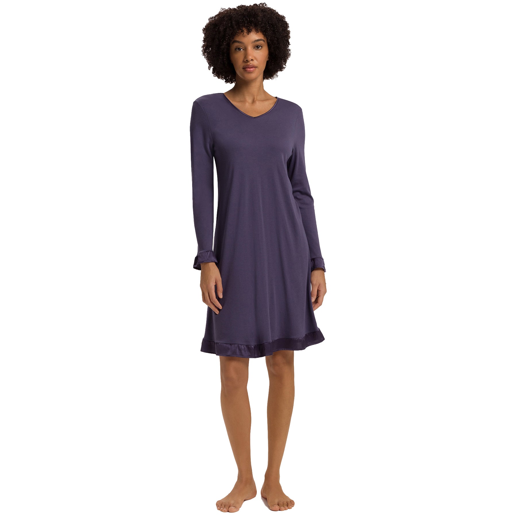 Front view of HANRO Claire long-sleeve nightgown in Bluestone – V-neck luxury modal sleepwear with satin accents