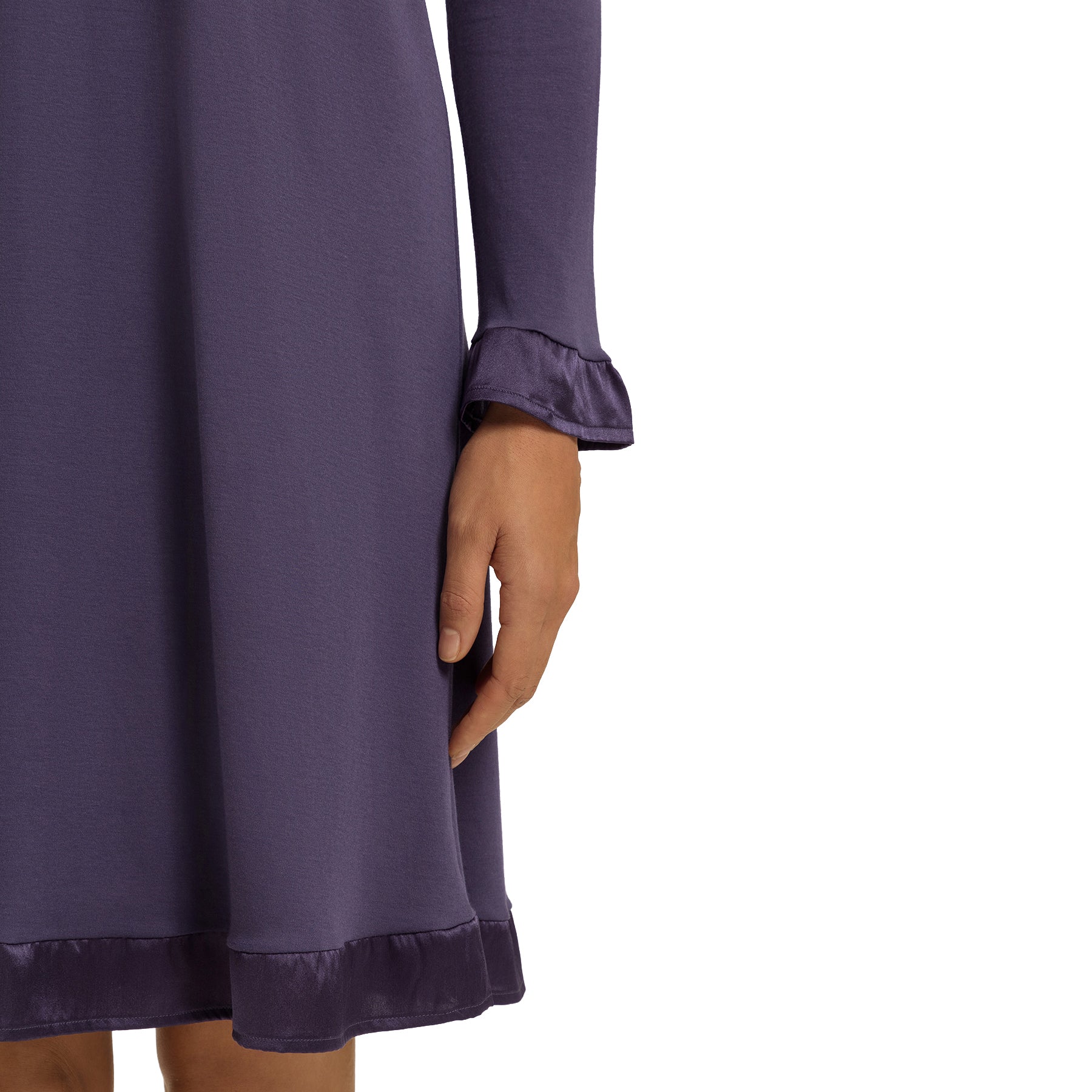 HANRO Claire long-sleeve nightgown in Bluestone – close-up of satin-trimmed cuff and hem, soft modal blend sleepwear