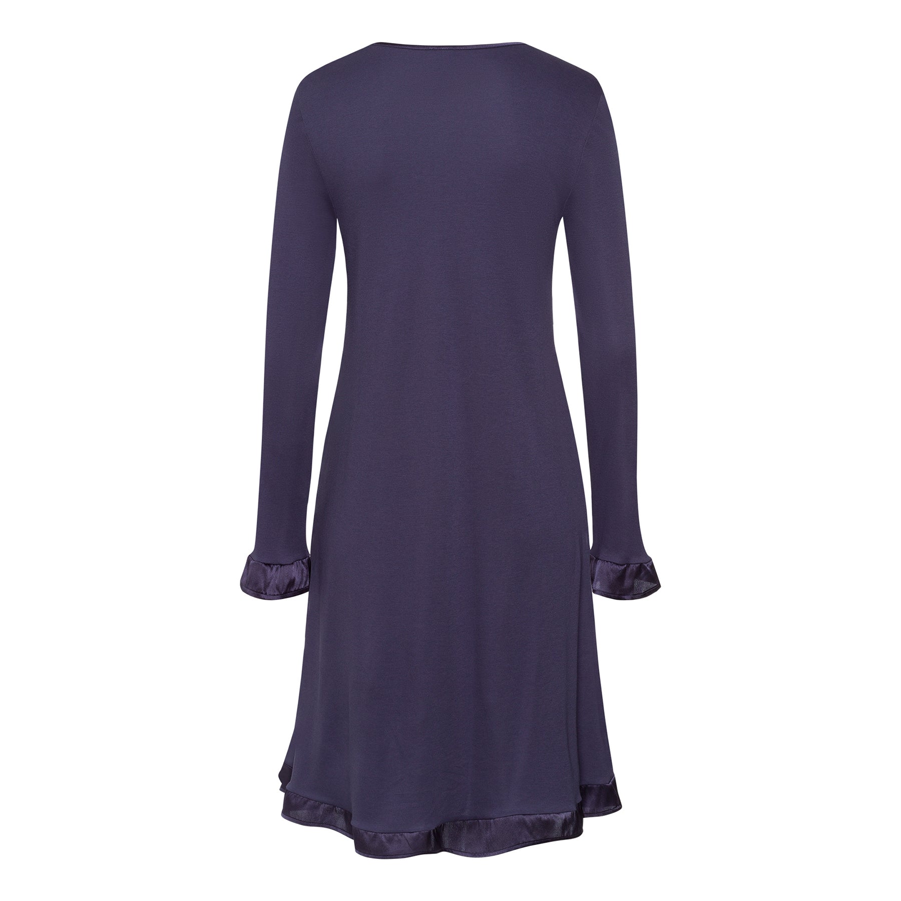 Back studio image of HANRO Claire long-sleeve nightgown in Bluestone – smooth modal fabric with satin cuffs and hem