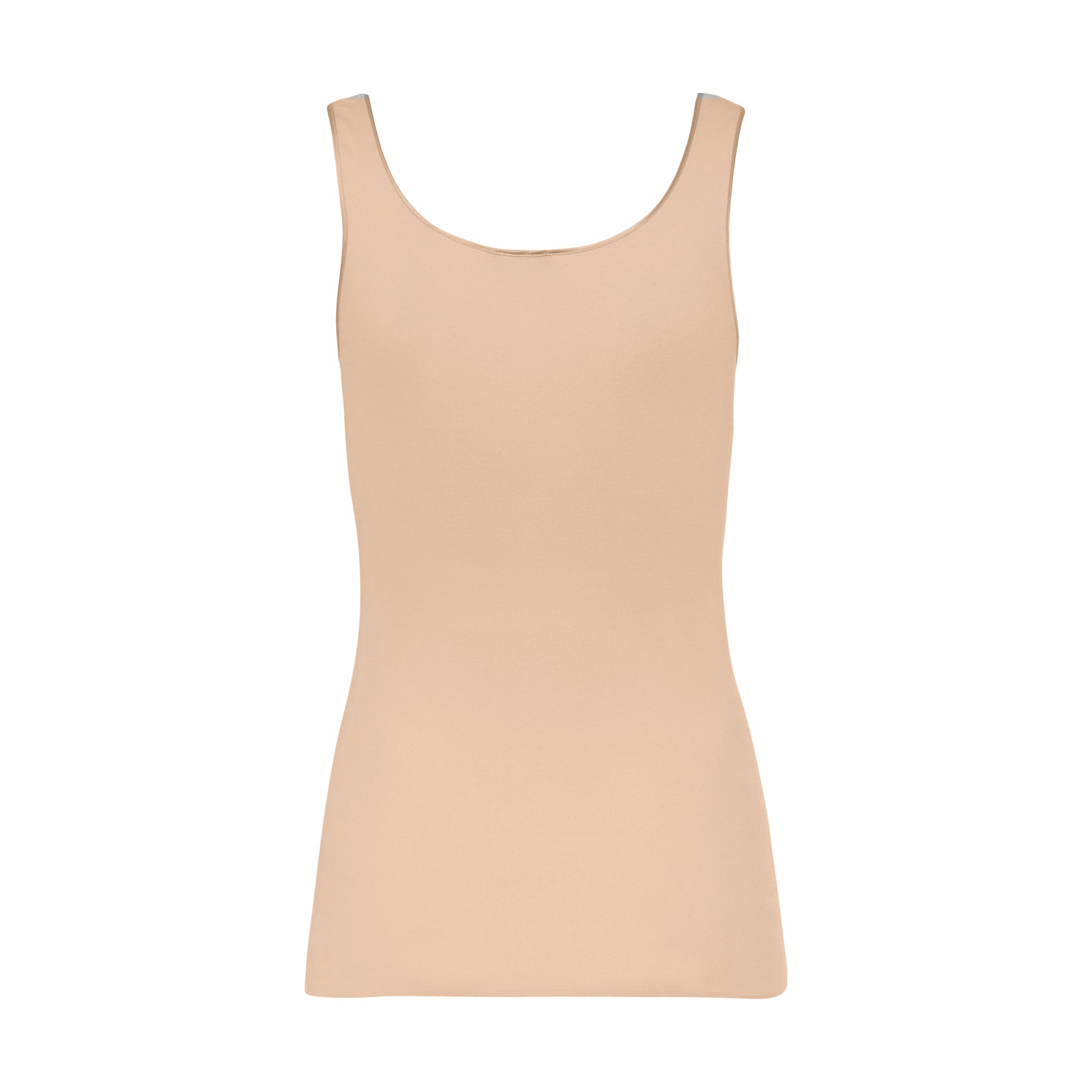 Rear view flat lay of Hanro Cotton Seamless Tank in Beige showing clean lines and minimalistic design.