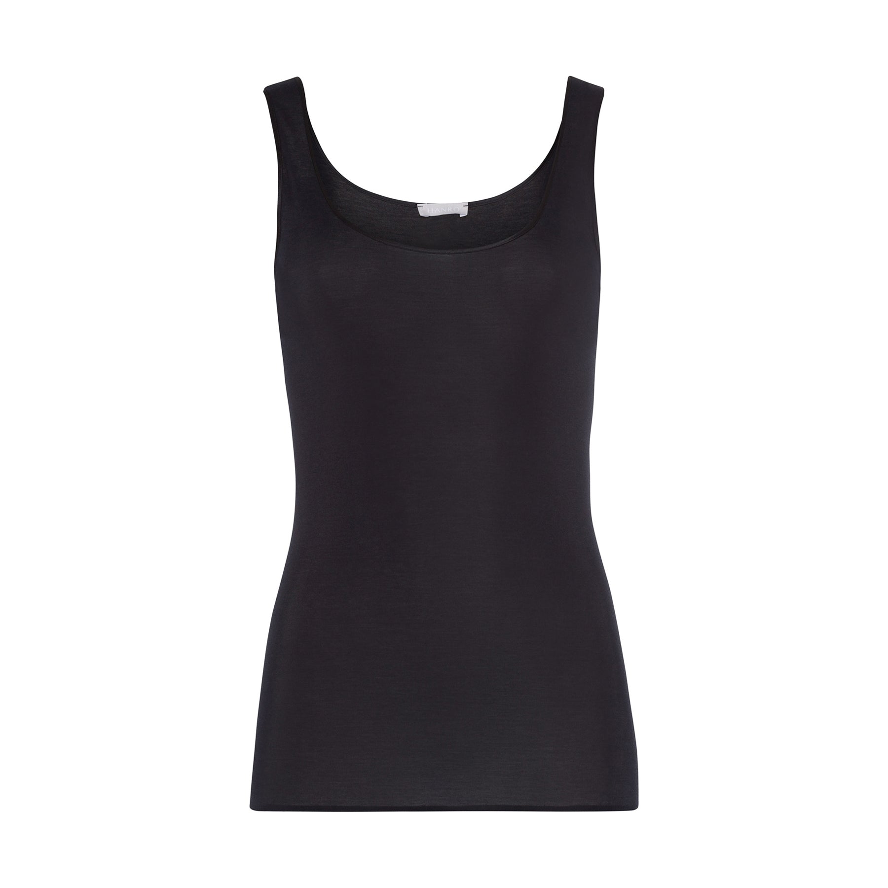 Flat lay of Hanro Cotton Seamless Tank in Black, showcasing its minimalist design and stretch cotton fabric.