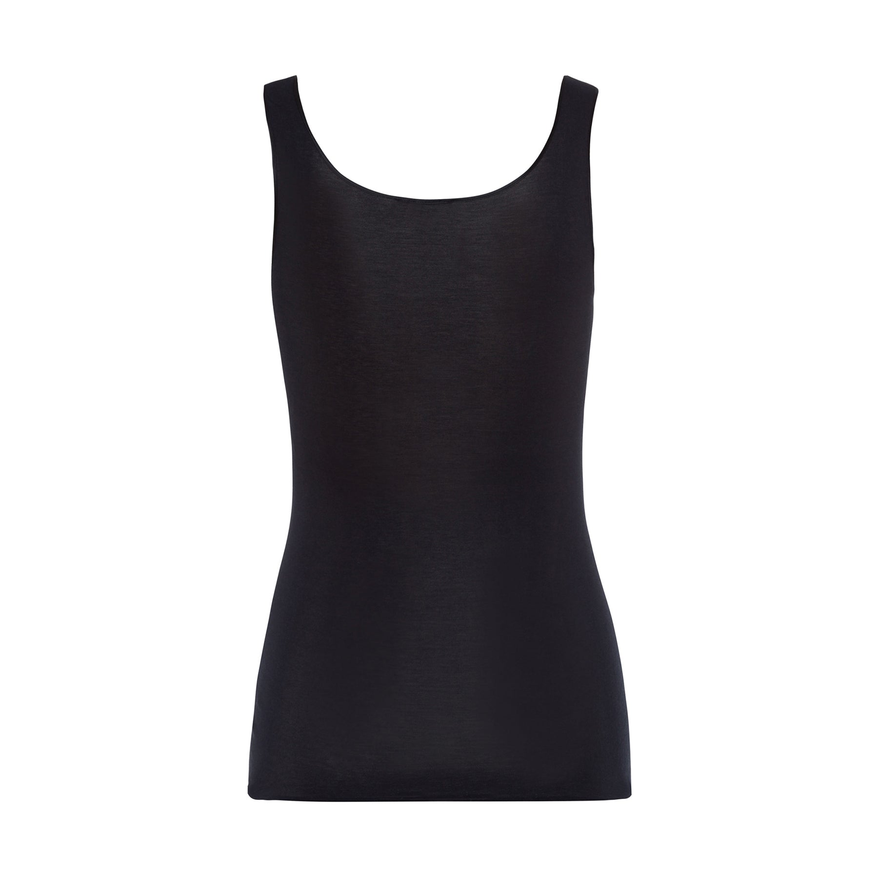 Back view of Hanro Cotton Seamless Tank in Black laid flat, highlighting the seamless construction and wide straps.