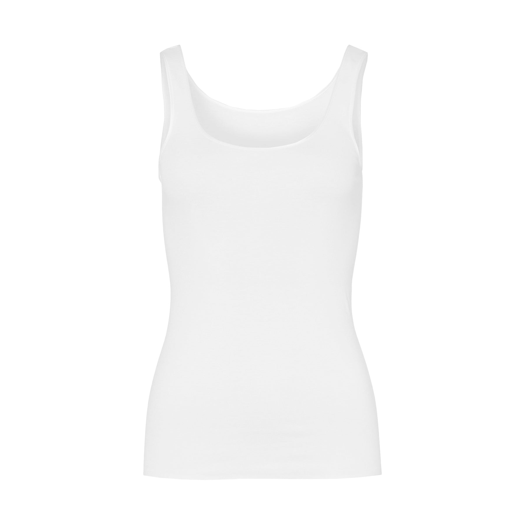 Flat lay of Hanro Cotton Seamless Tank in White with wide straps and a sleek, breathable silhouette.