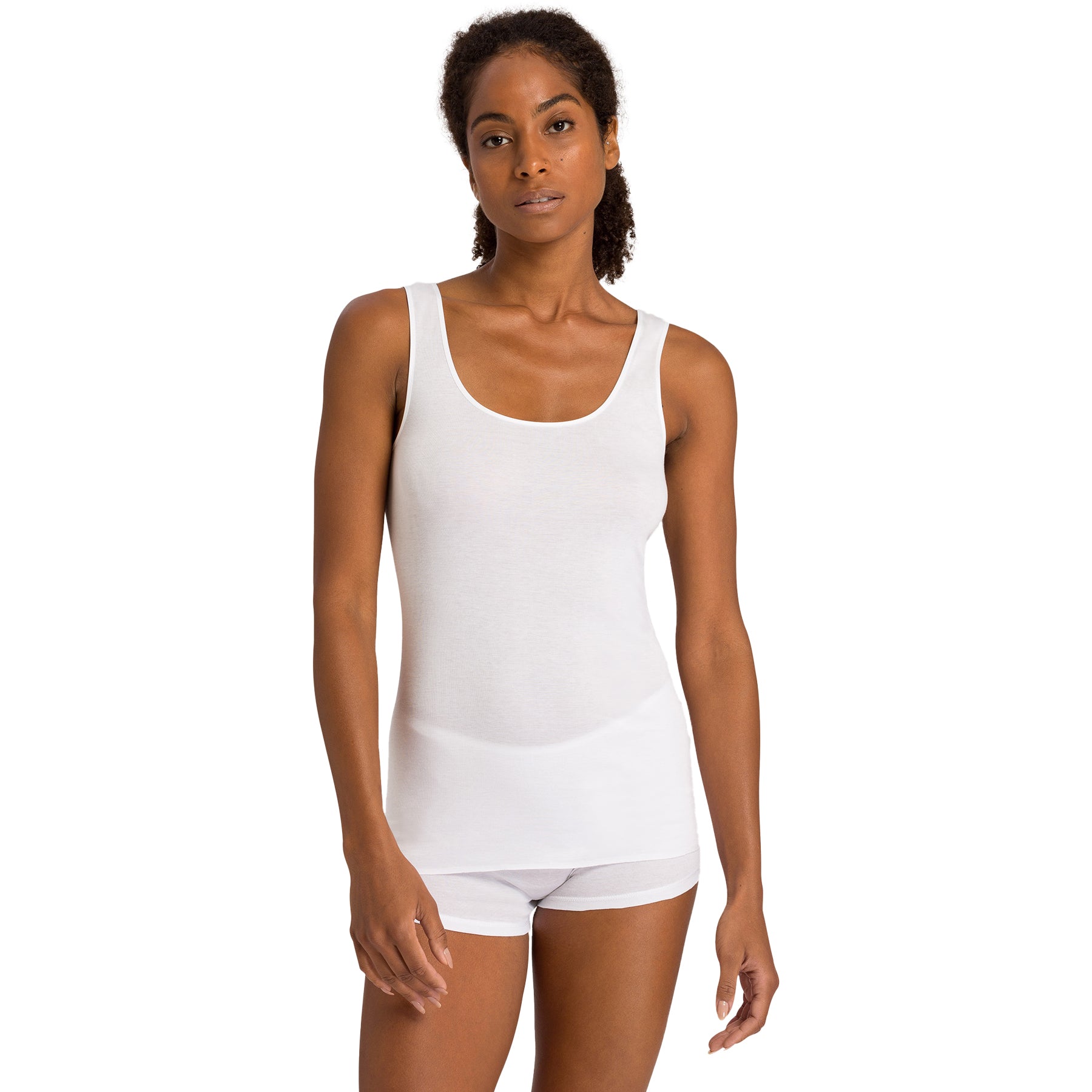 Front view of Hanro Cotton Seamless Wide Strap Tank in White, crafted from ultra-soft cotton for all-day wear.