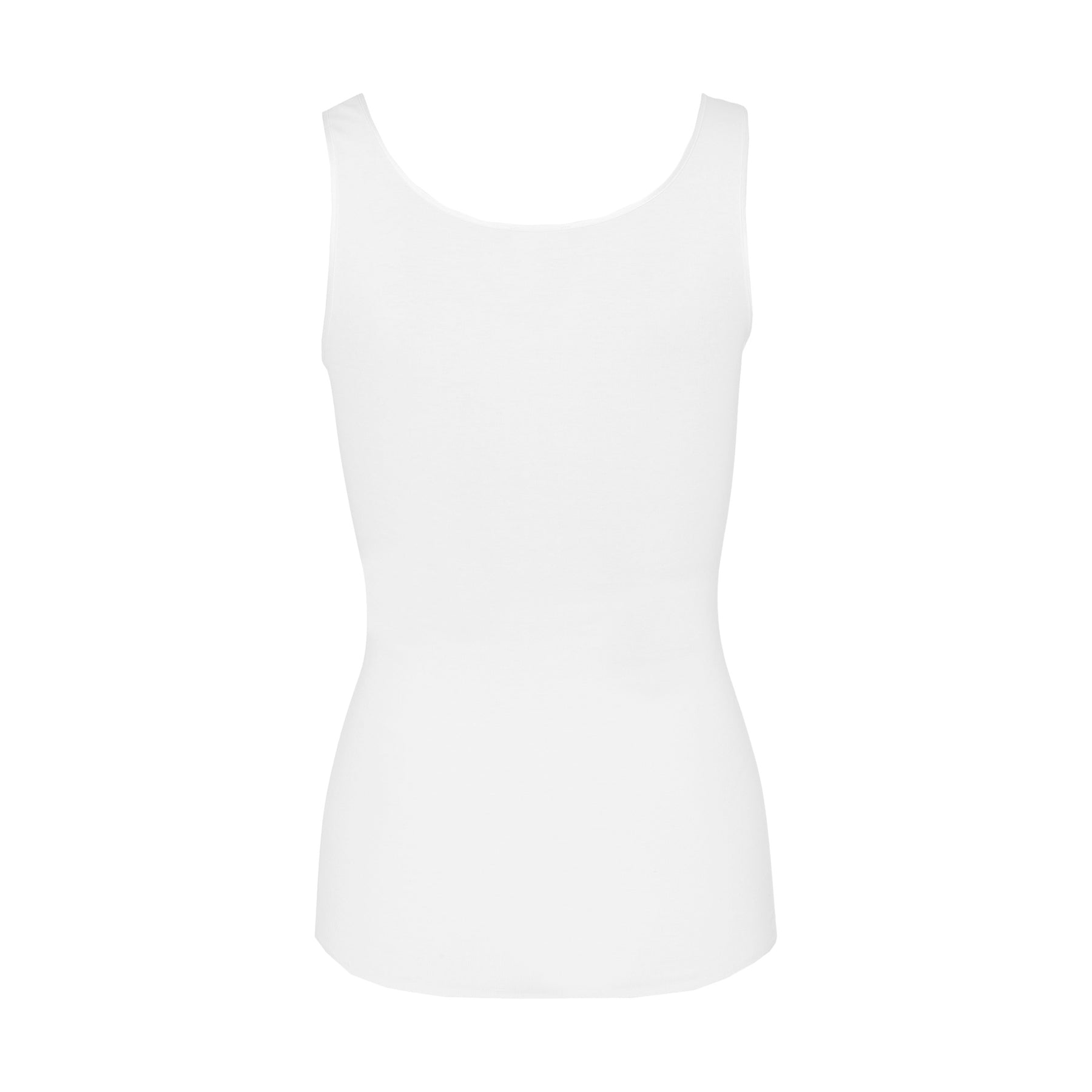 Back view of Hanro Cotton Seamless Tank in White shown flat, emphasizing seamless finish and lightweight cotton knit.