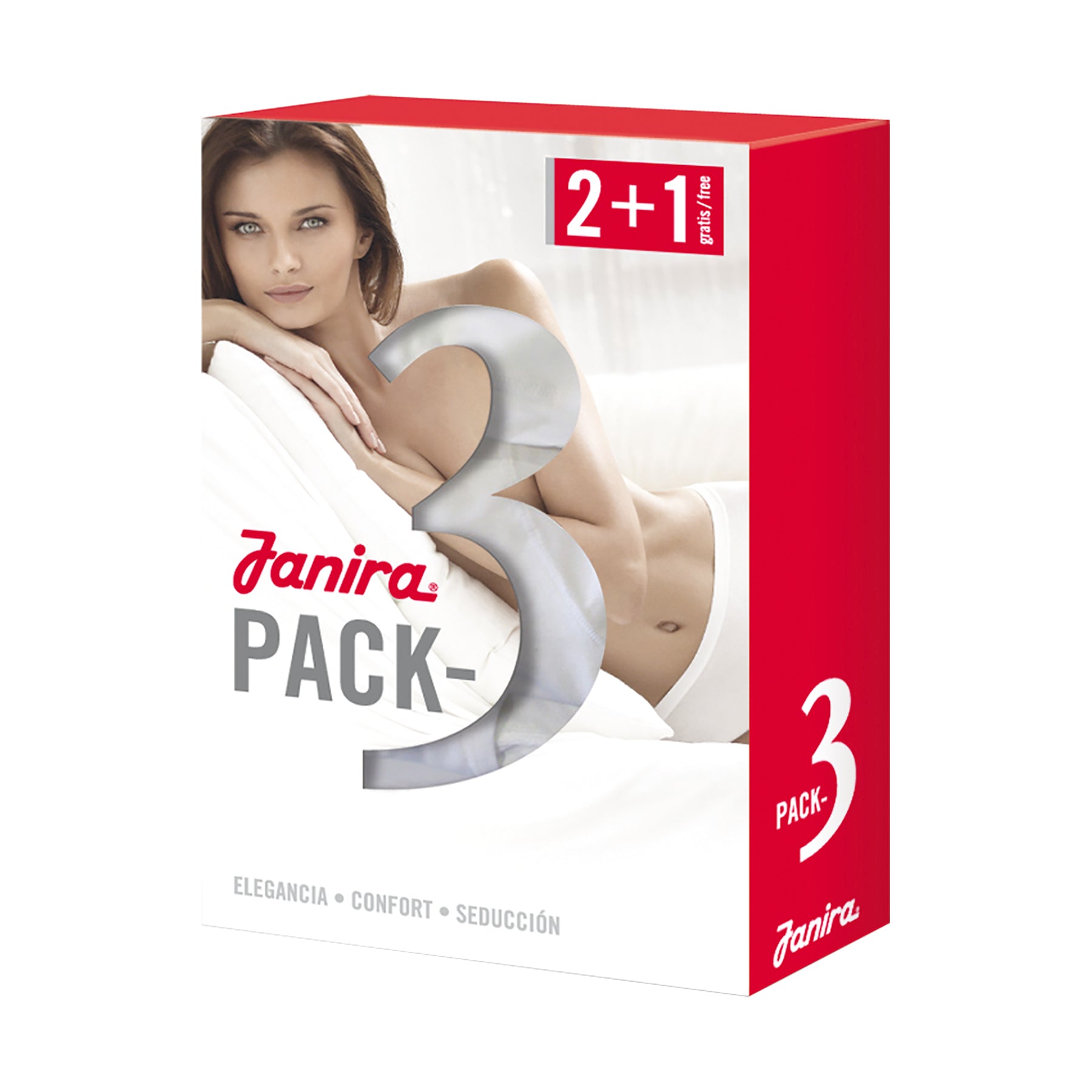 Janira Esencial Maxi Brief 3-pack packaging with promotional 2+1 offer and brand logo.