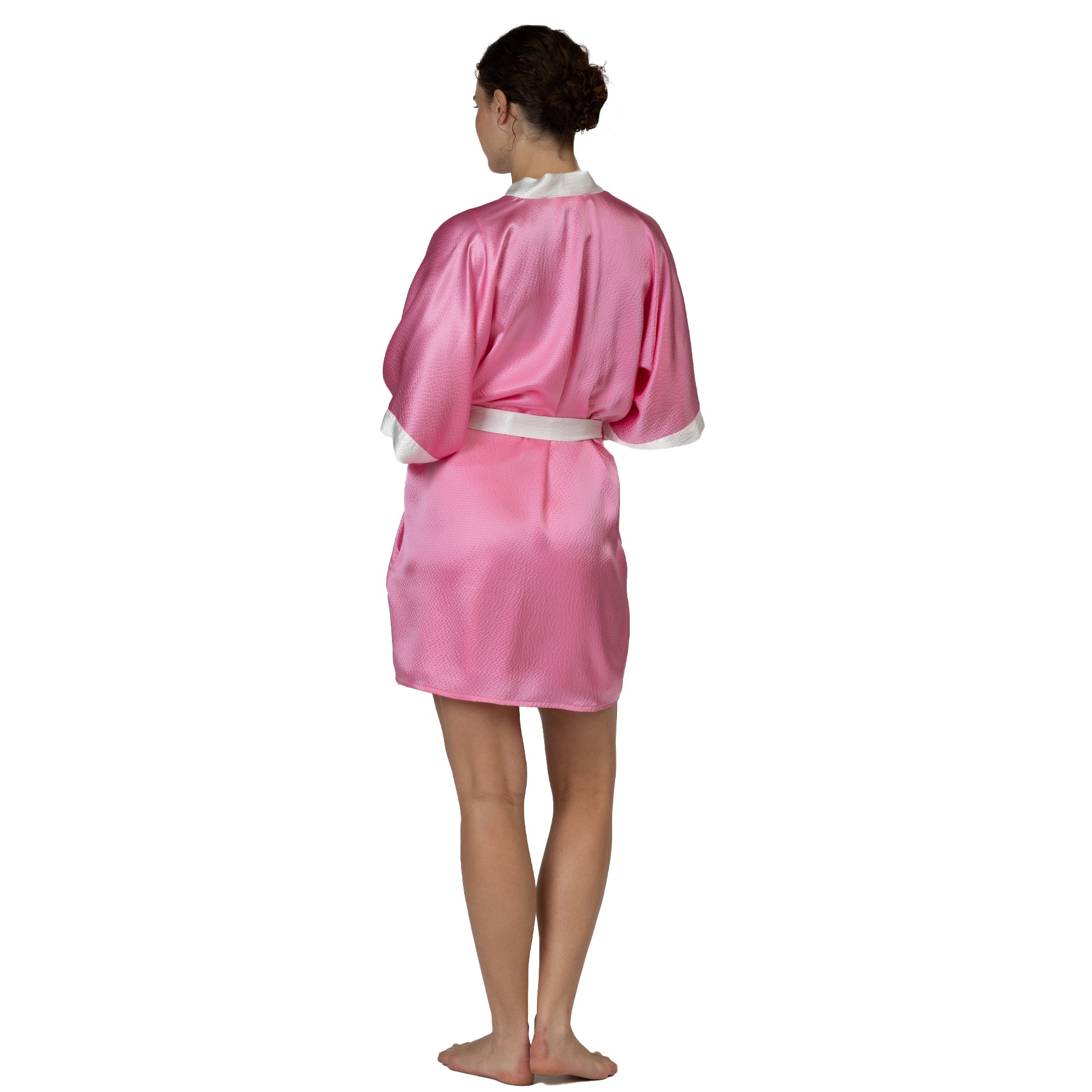Pink hammered silk robe back view with white trim and tie belt, mid-thigh length