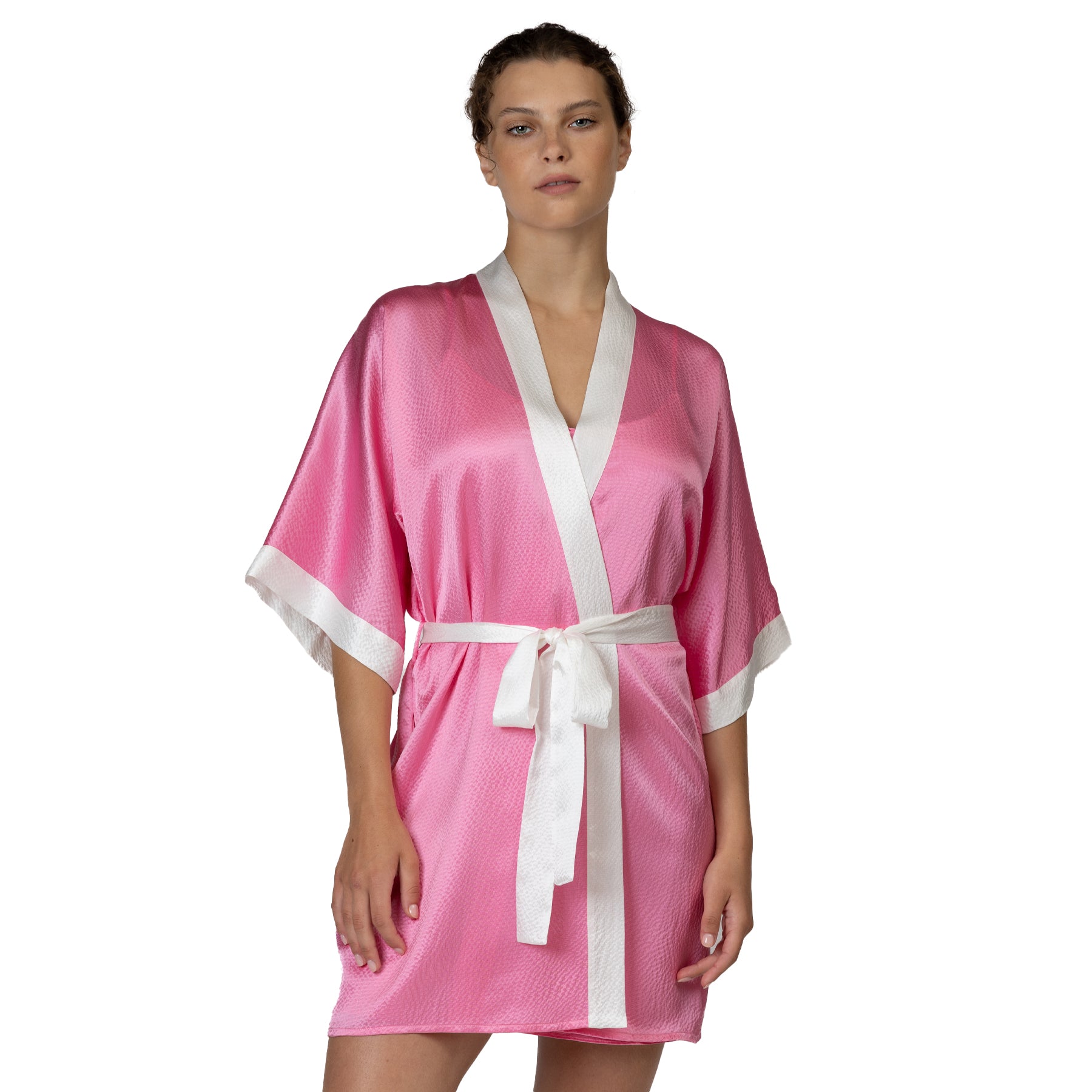 Pink silk kimono robe front view with contrast ivory trim and waist tie detail