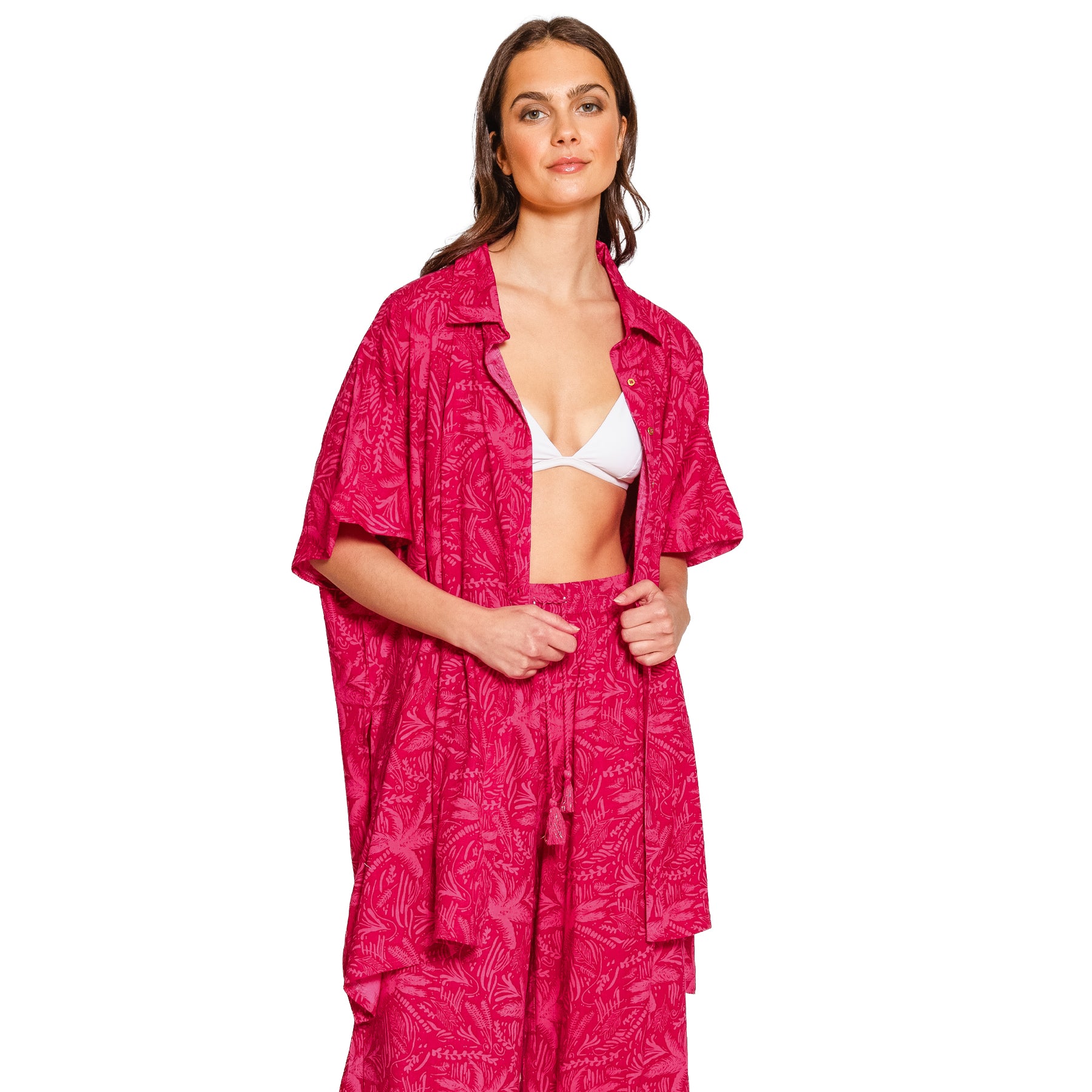Sangria tropical print beach cover-up with flowy silhouette and button-front styling