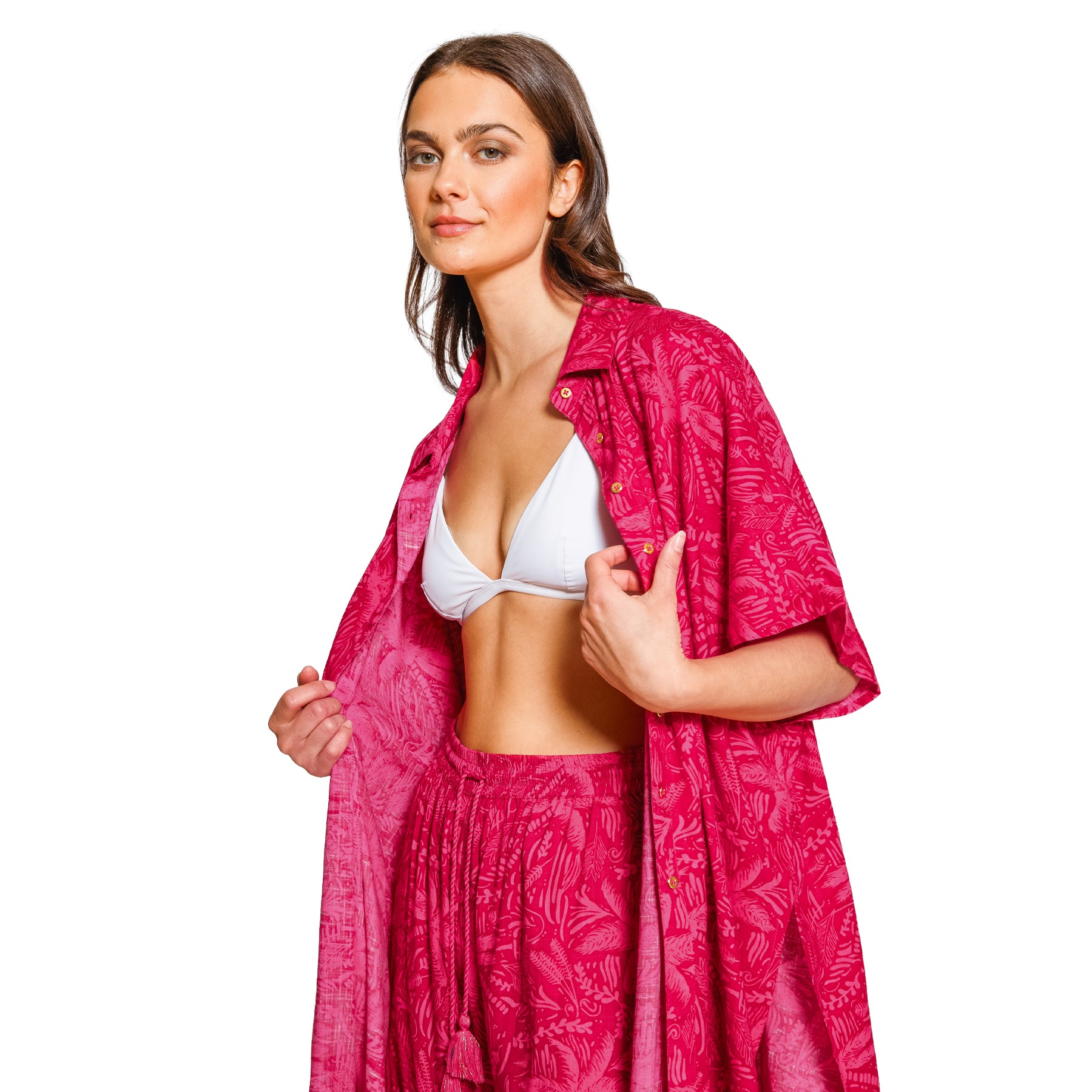 Open-front sangria beach cover-up layered over swimwear with relaxed vacation styling