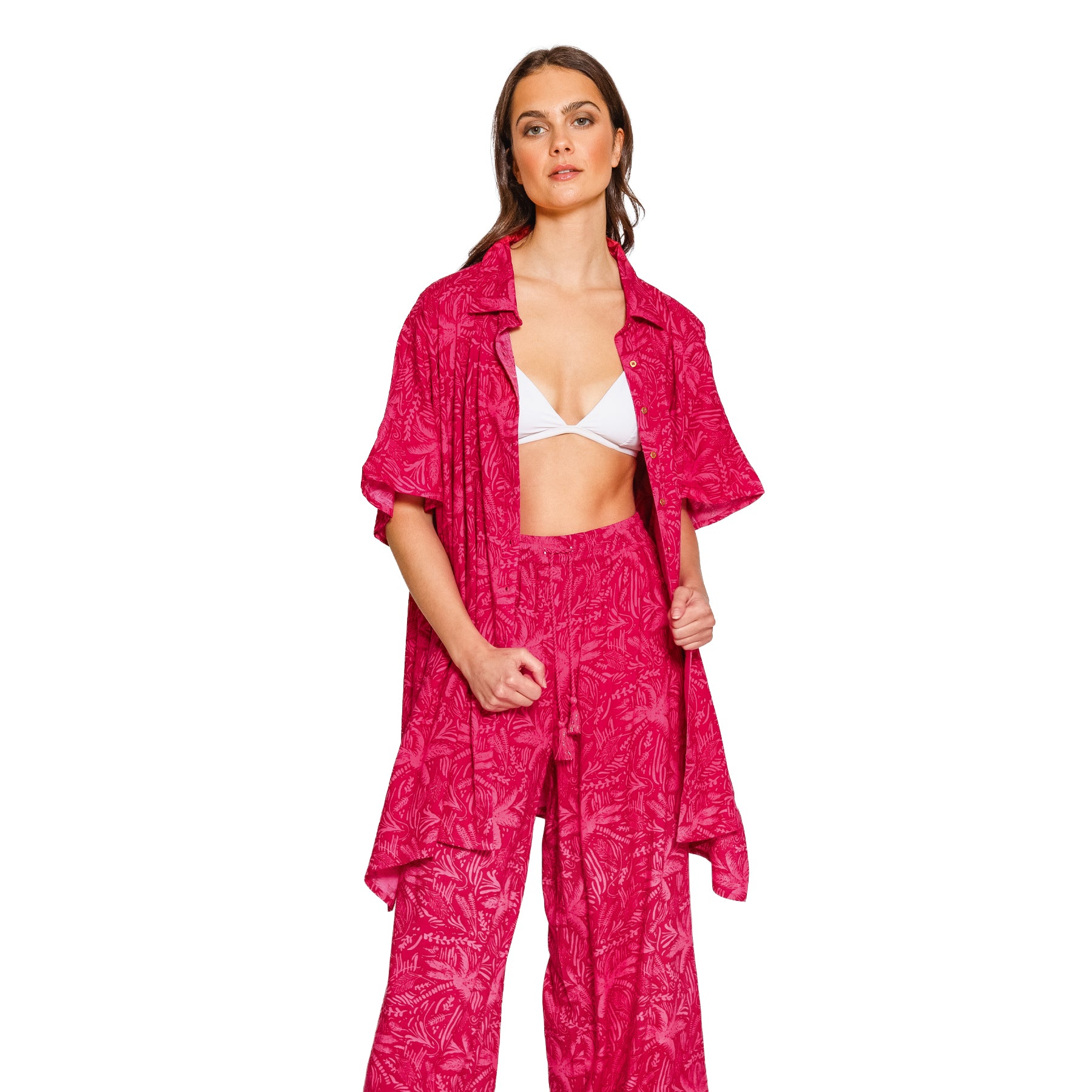 Sangria tropical print cover-up with draped fit, side slits, and effortless resort elegance