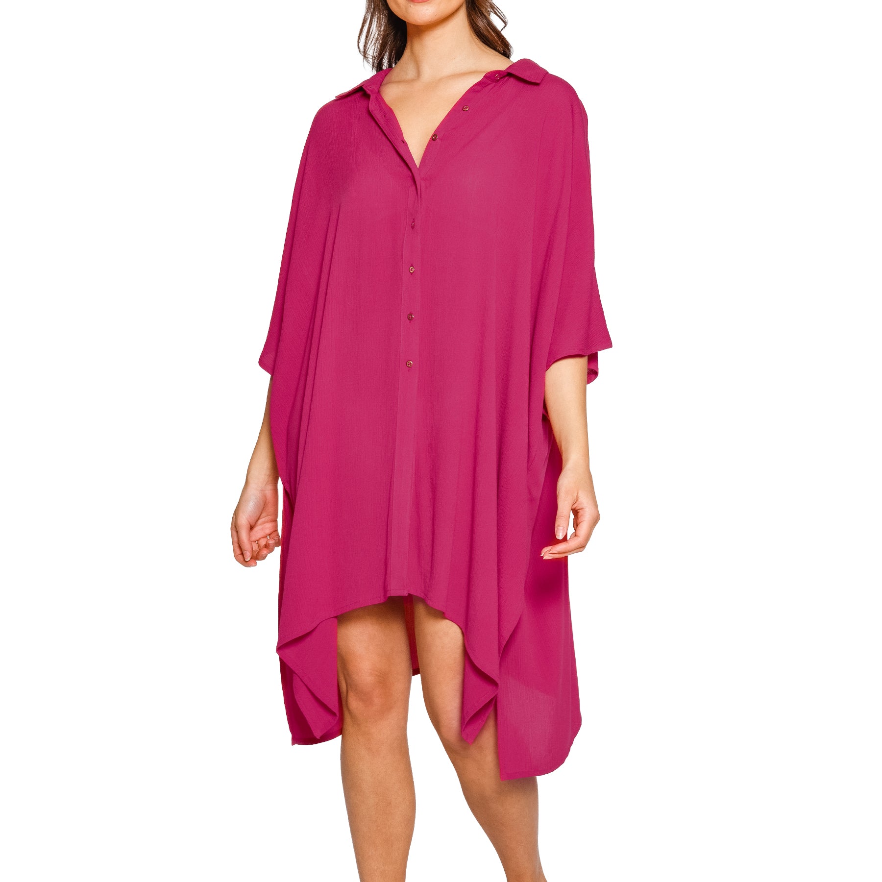 Close-up of Sangria pink swim cover-up with collar neckline, button-front styling, and lightweight draped fabric.