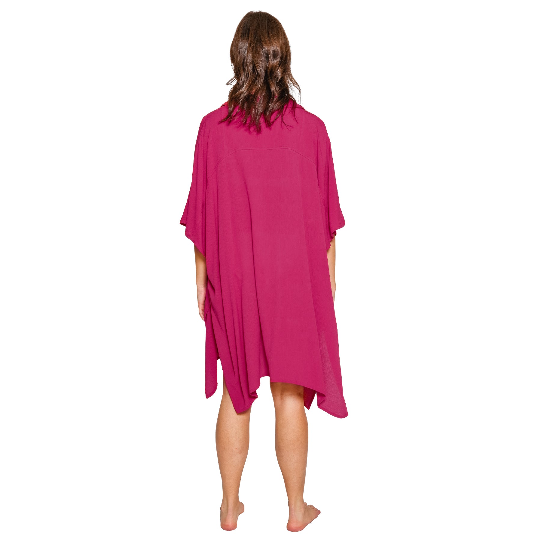 Back view of Sangria pink beach cover-up with loose draping, asymmetrical hemline, and airy lightweight construction.