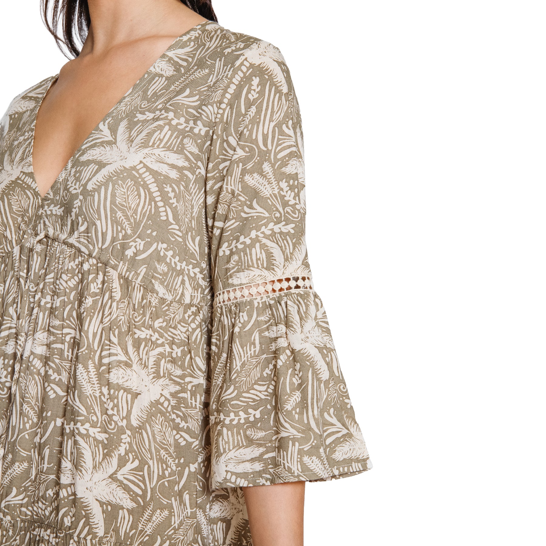 Close-up of khaki tropical print dress showcasing lace inserts and soft textured fabric