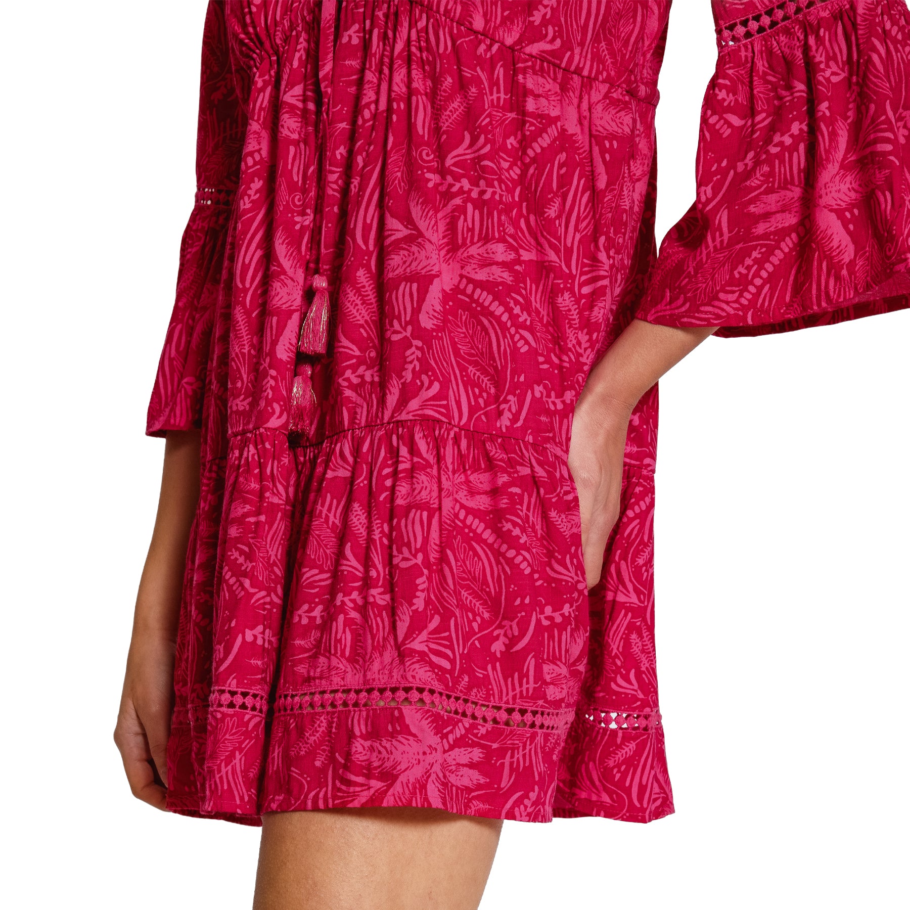 Sangria tropical print cover-up dress with tassel ties and feminine lace trim details