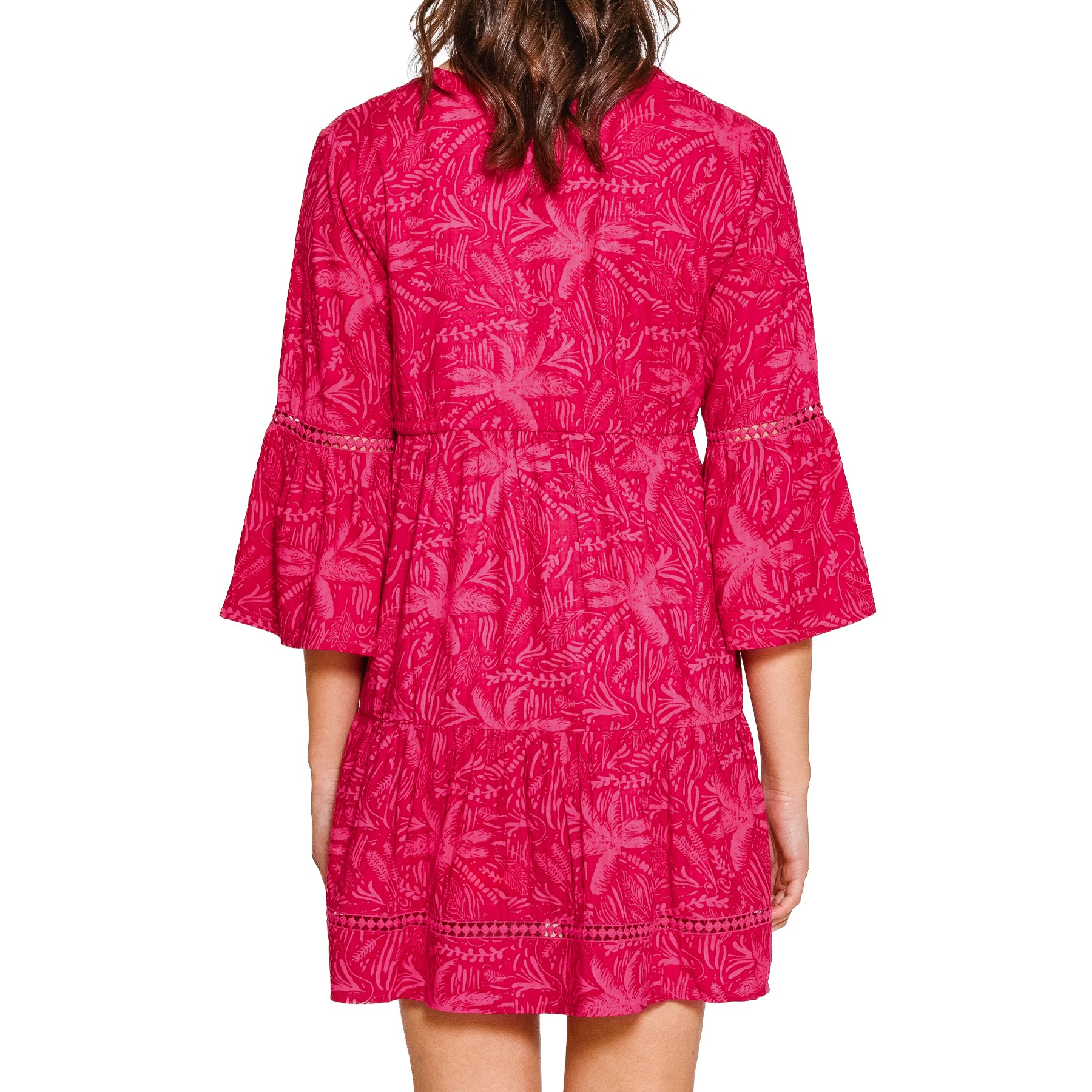 Back view of sangria tropical cover-up dress showcasing a relaxed fit and decorative lace accents