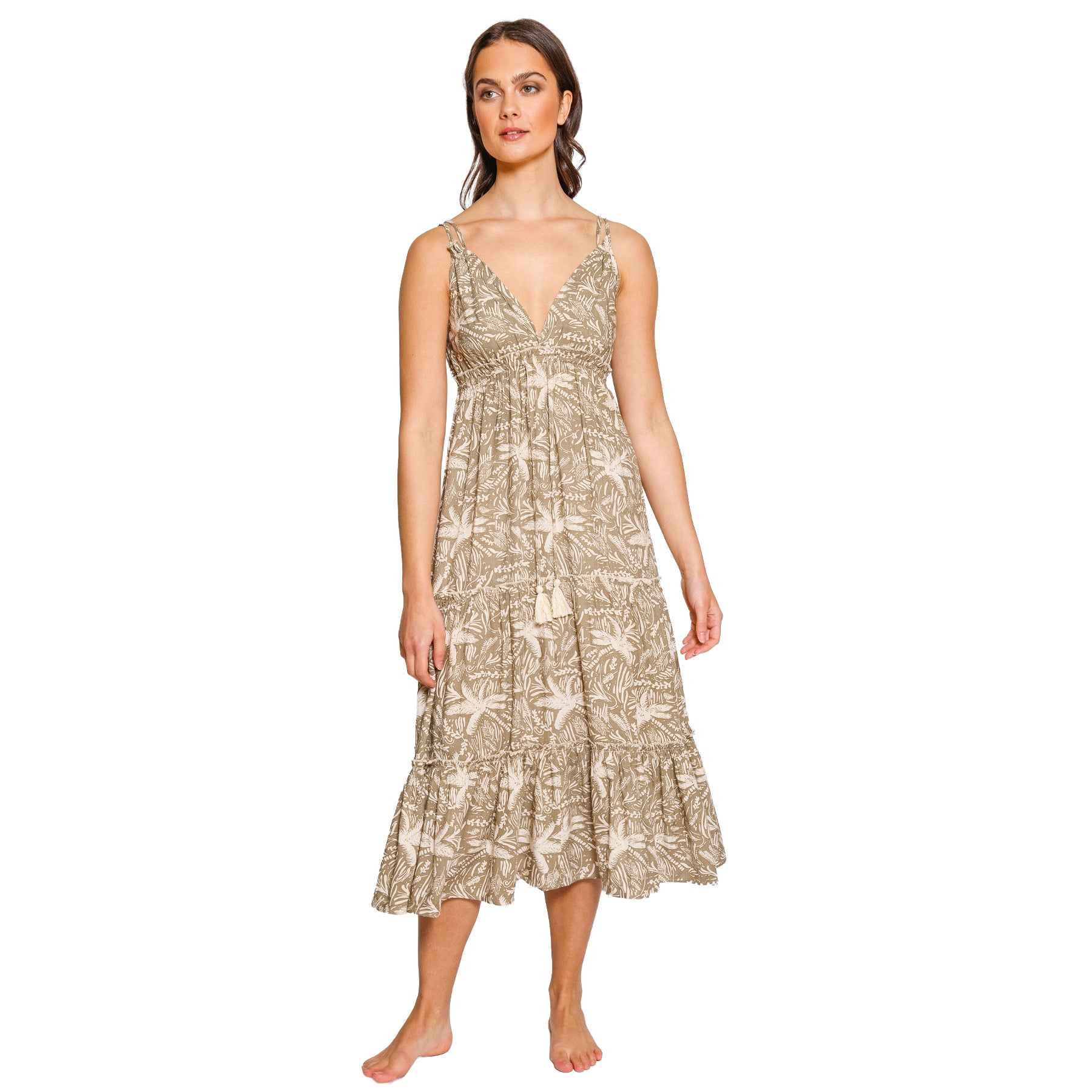 Front view of khaki palm print maxi dress featuring a relaxed silhouette, adjustable straps, and feminine tassel detail.