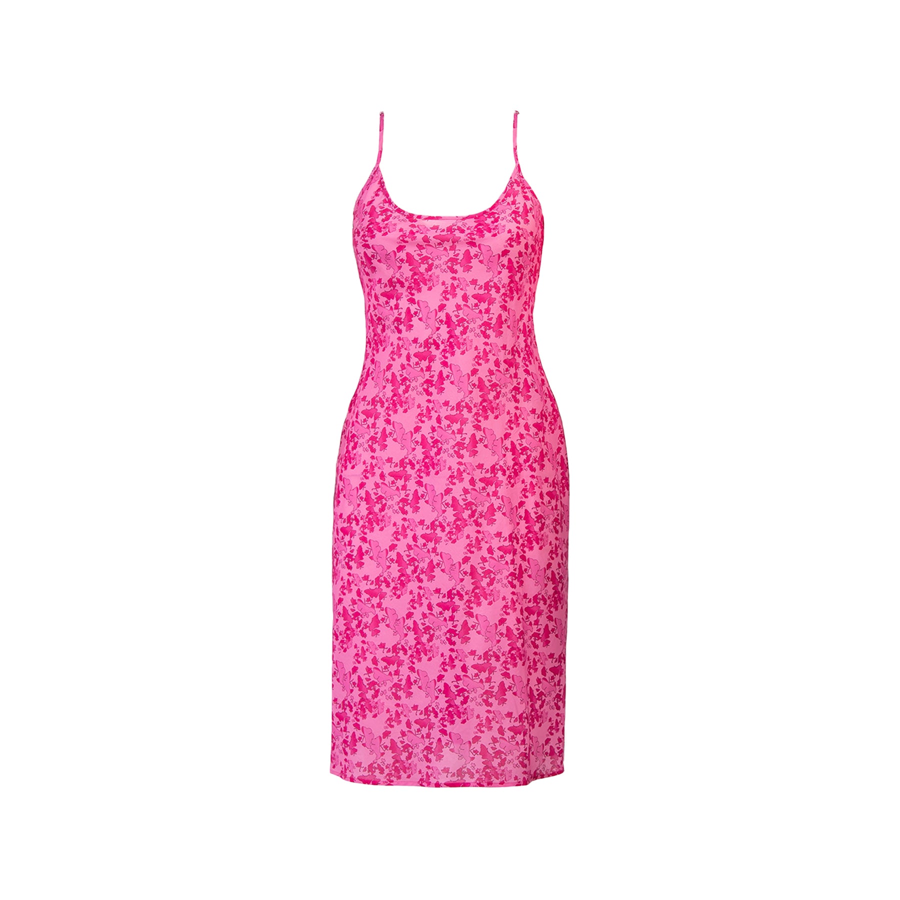 Chocho rose hot pink printed cotton spaghetti strap chemise. Front view without model.