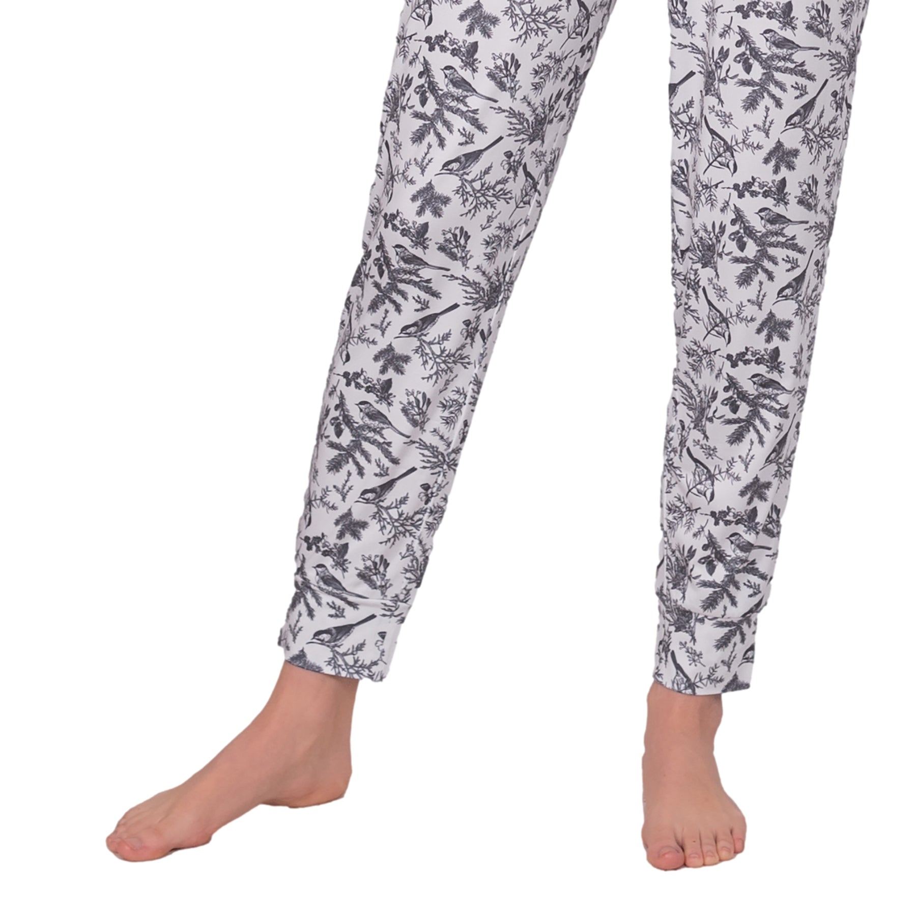 Close-up of LatteLove bird and branch print jogger style pajama bottoms.