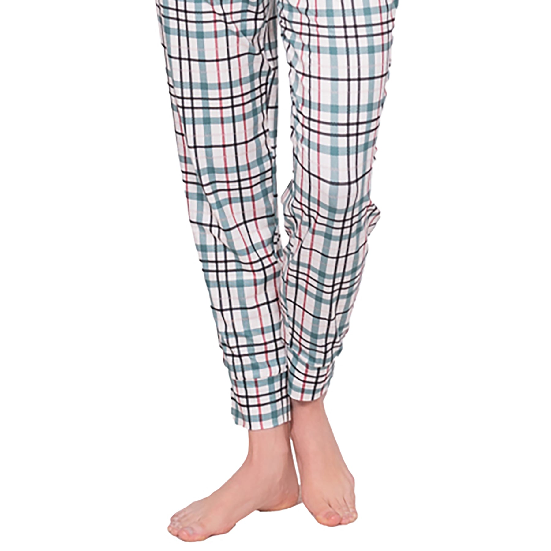 close up of woman wearing LatteLove Green Plaid jogger pants.