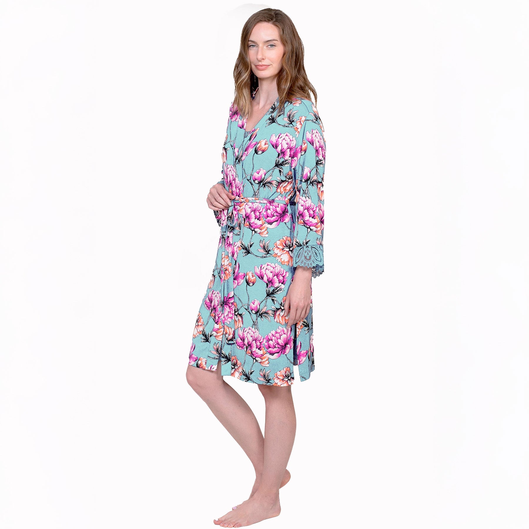 Side view of model wearing aqua peony robe with floral print and lace detail on sleeves.