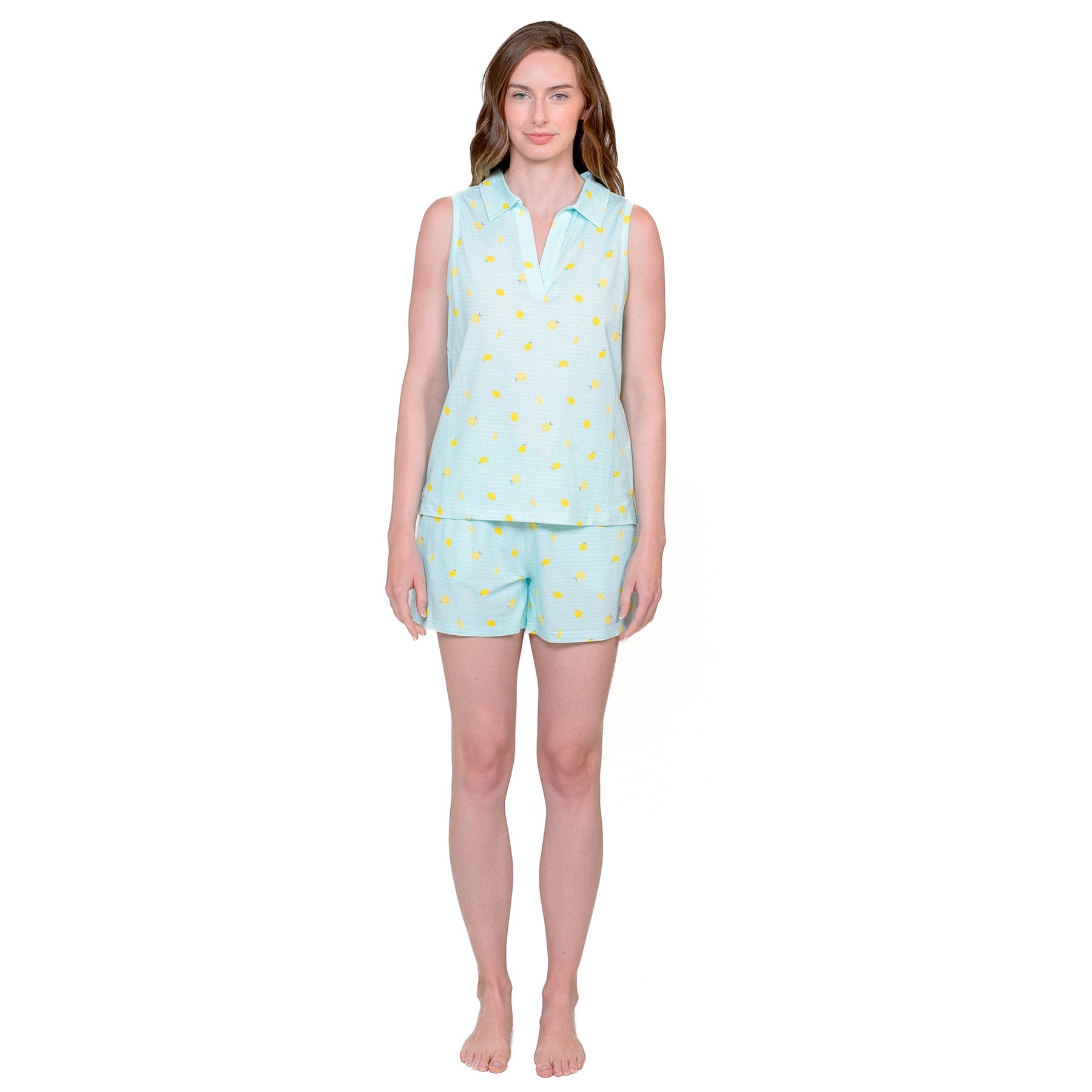 Front view of lemon print short pyjama set in aqua blue with sleeveless collared top.