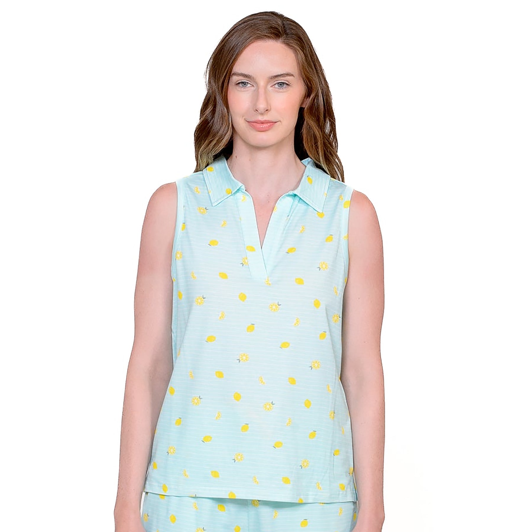 Close-up of sleeveless collared pyjama top in aqua with yellow lemon pattern.