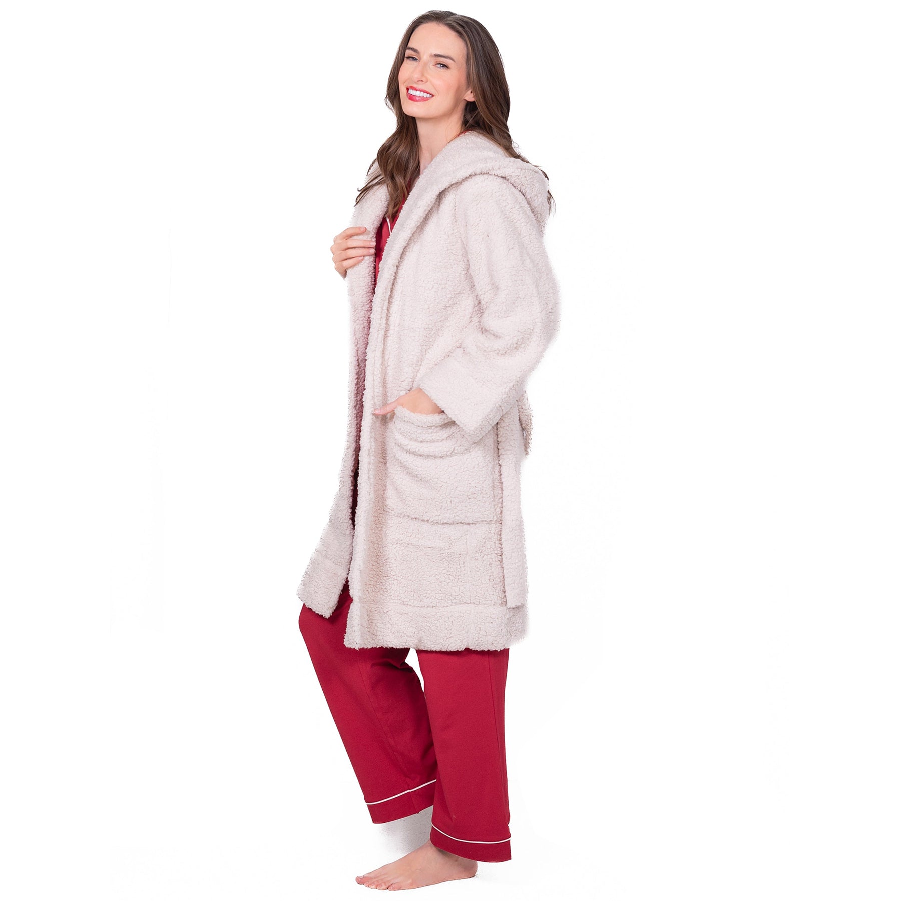 Side view of LatteLove hooded Sherpa robe in Toasted Marshmallow with relaxed sleeves and pockets.