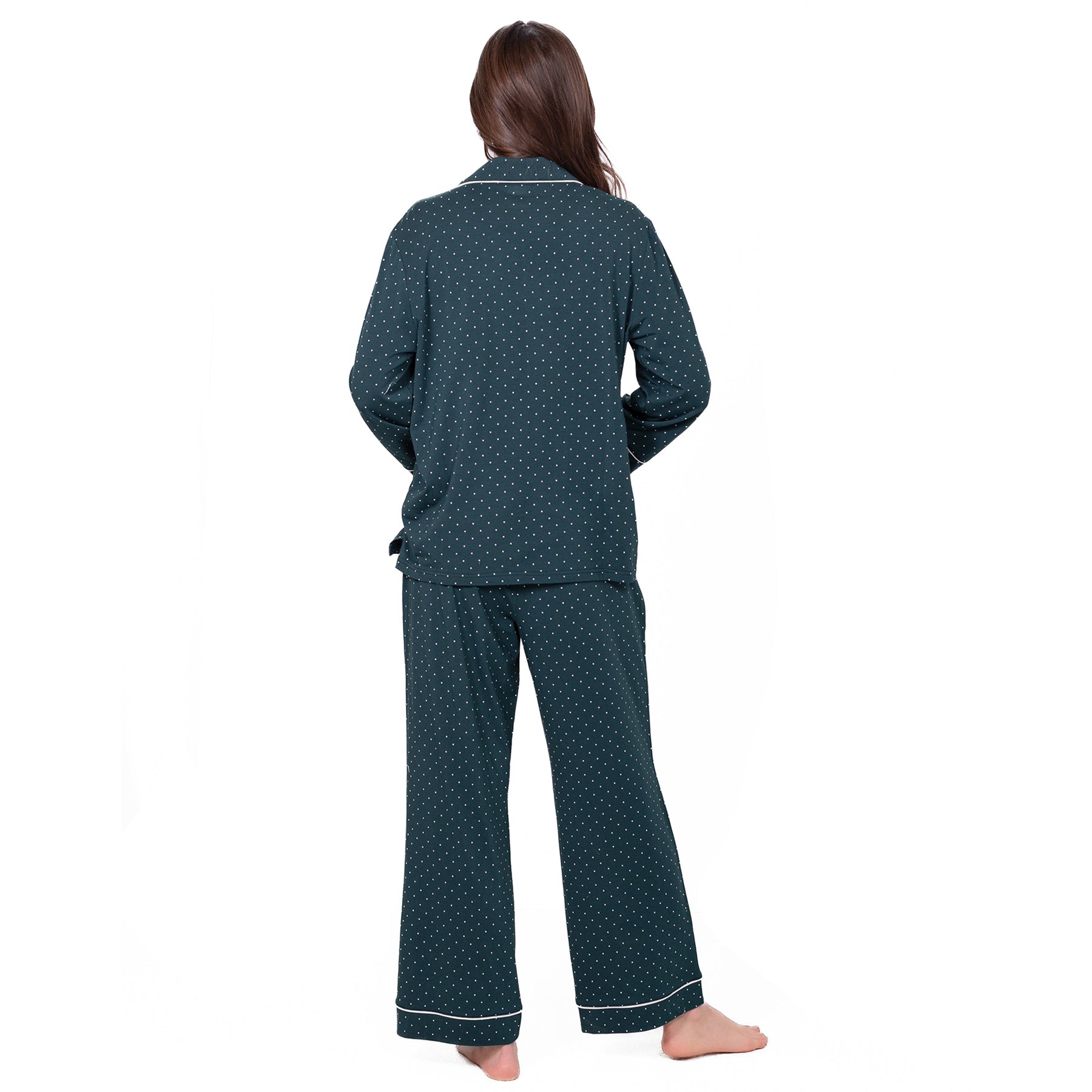 Back view of LatteLove Green Dots long sleeve pajama set showing relaxed fit.