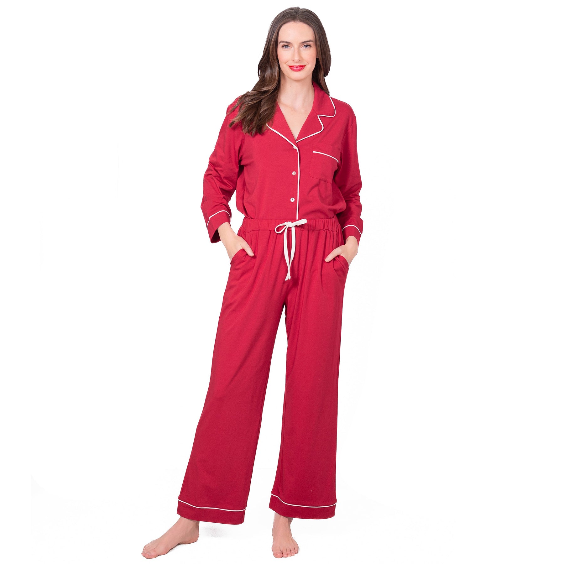 Full front view of LatteLove Jester Red pyjamas with elastic waist and relaxed pants.