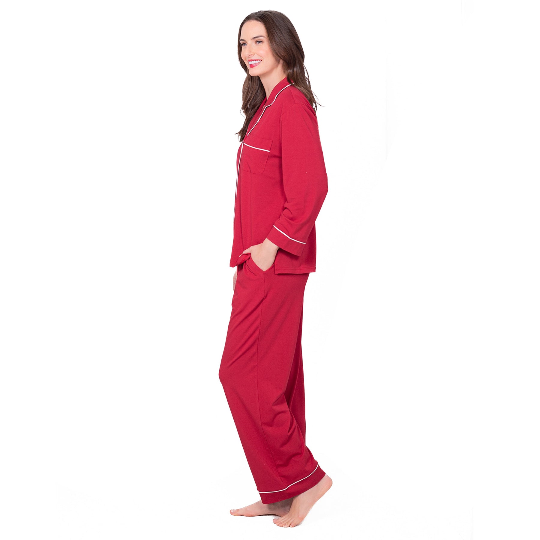 Side view of LatteLove red pajama set showing contrast white trim.