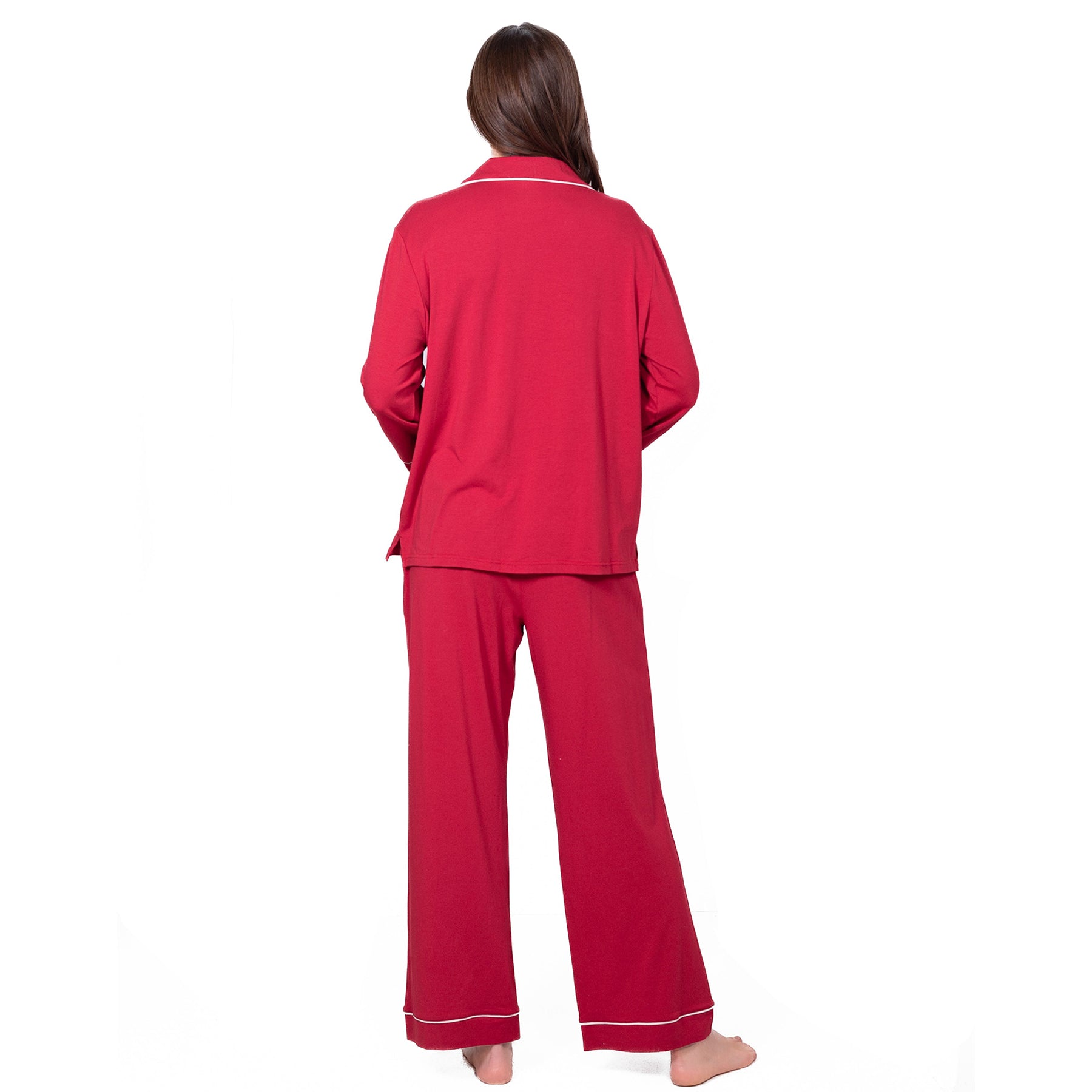 Back view of LatteLove Jester Red long sleeve pajama set.