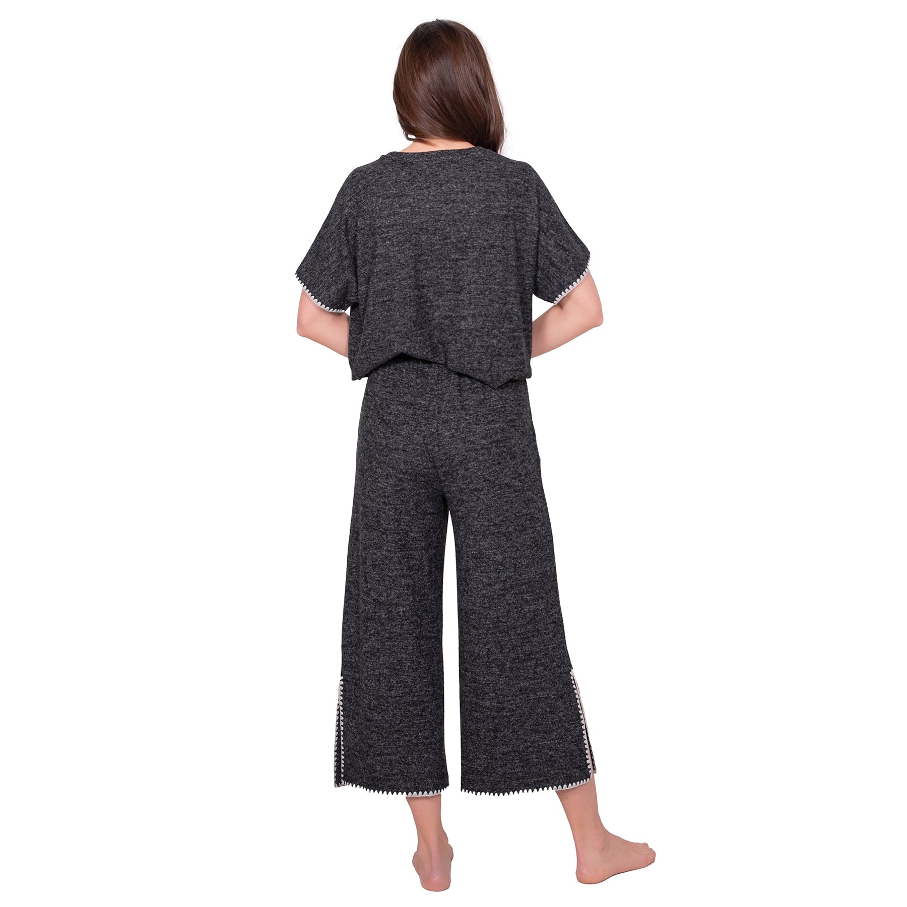Back view of LatteLove Short Sleeve Lounge Set with white blanket stitch detailing.