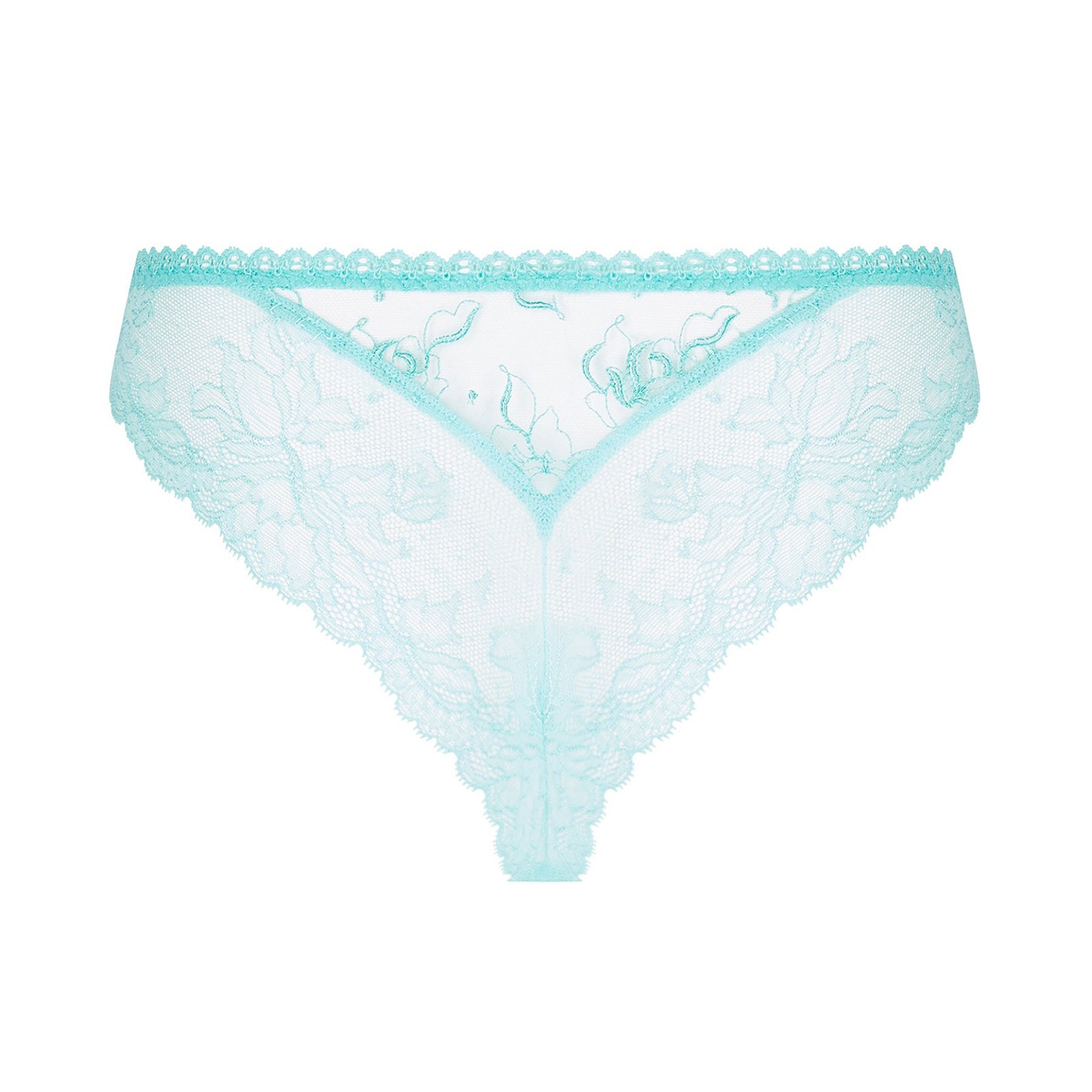 Tulle mesh thong in aqua with embroidered tulle detail. Rear view without model.