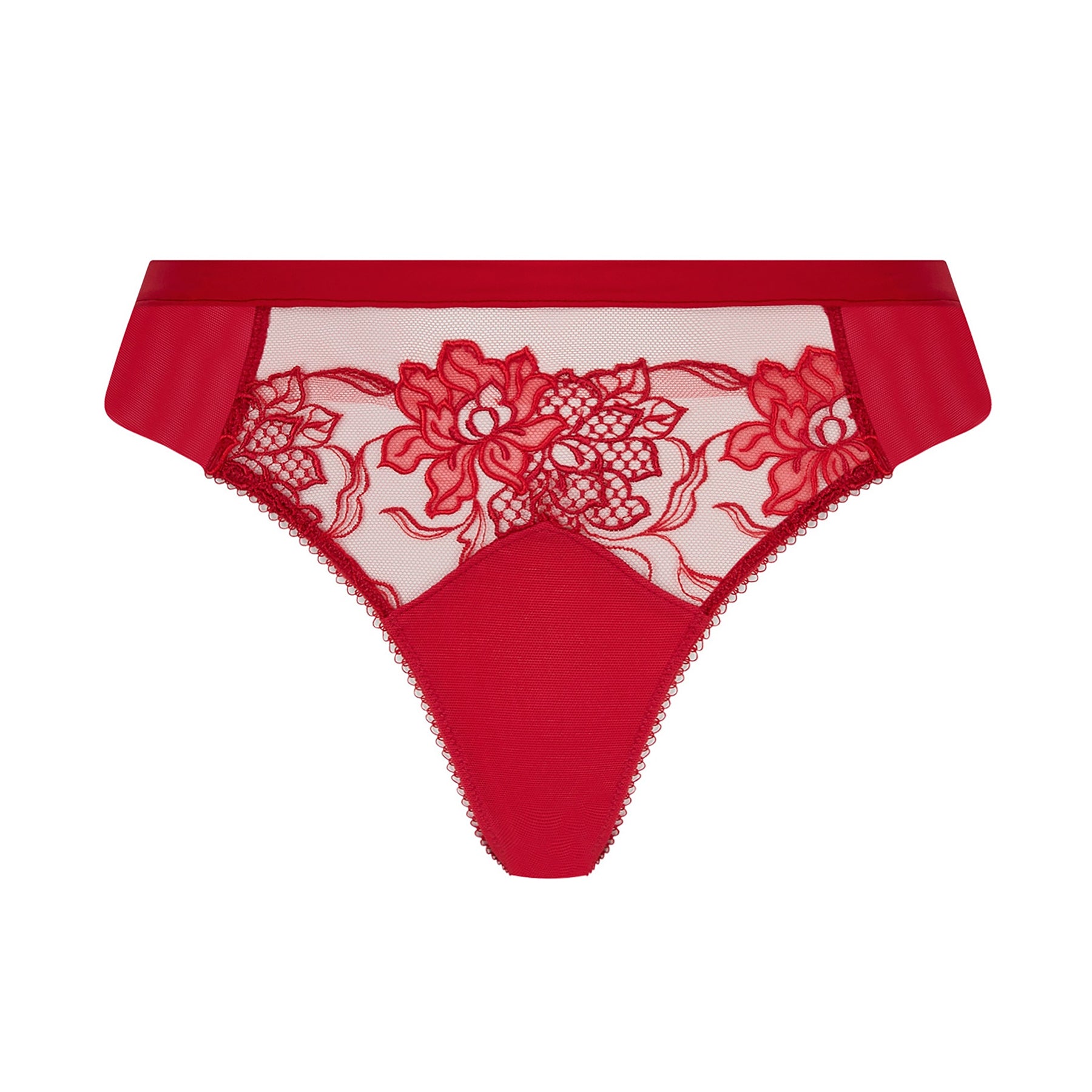 Flat lay of Lise Charmel Adorable En Sexy thong bikini style ACH0185 in Rouge Effusion with embroidered floral mesh front and sleek red finish.