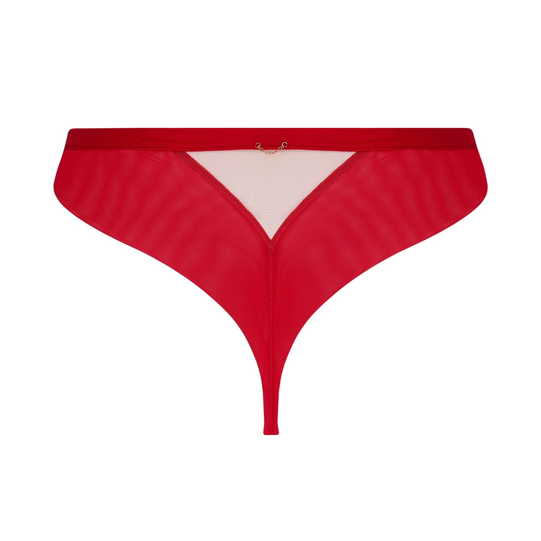 Close-up back detail of red mesh thong bikini style ACH0185 by Lise Charmel with smooth waistband and delicate gold charm.