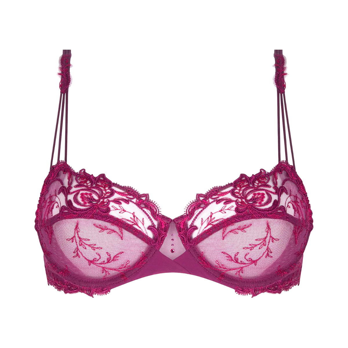 Embroidered purple floral source amarante on sheer tulle demi bra with straps. Lise Charmel ACH3072 source beaute. Front view without model.