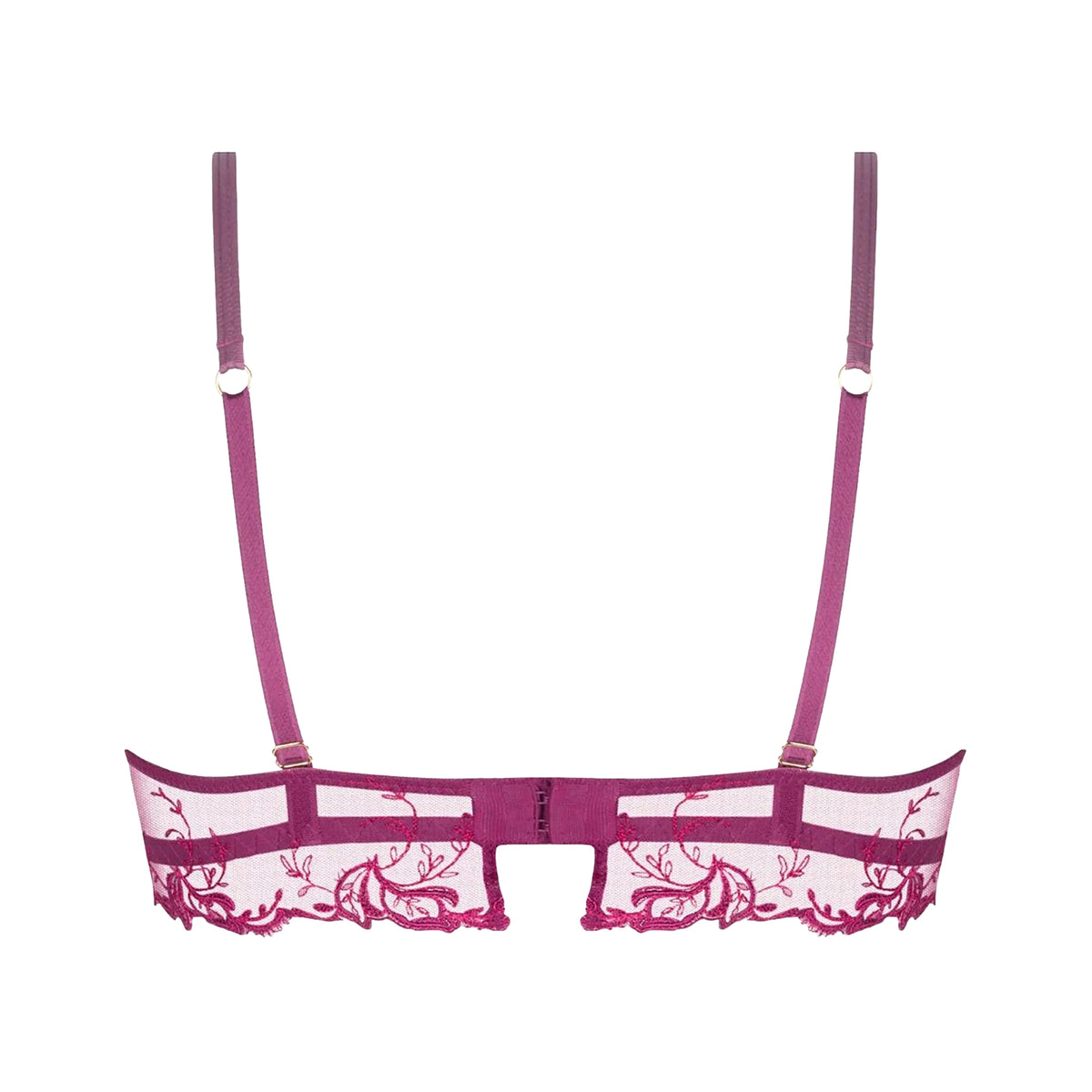 Embroidered purple floral source amarante on sheer tulle demi bra with straps. Lise Charmel ACH3072 source beaute. Rear view without model.
