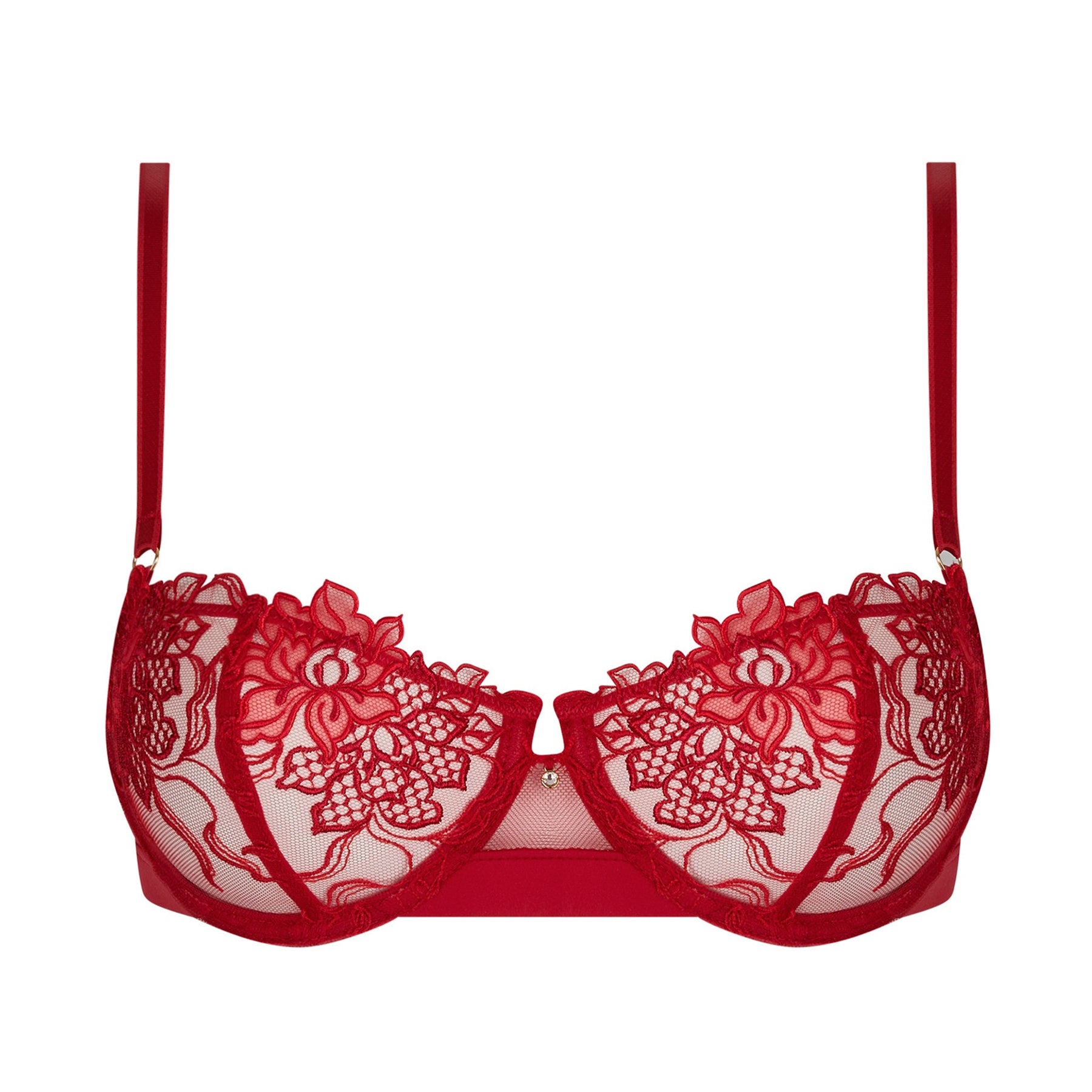 Lise Charmel Adorable En Sexy demi bra style ACH3485 in rouge effusion, sheer embroidered lace cups with floral detailing and underwire support, front view