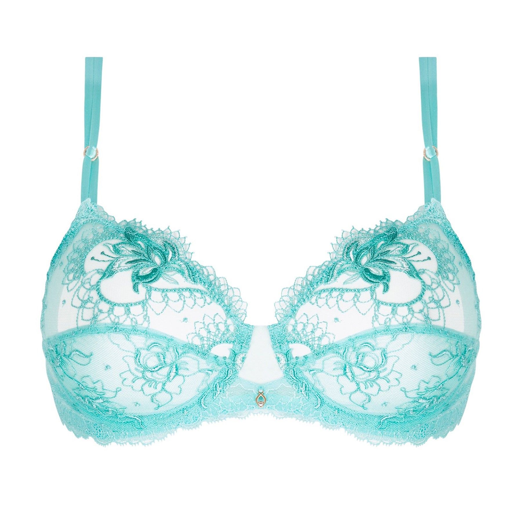 Full cup underwired bra in aqua with sheer embroidered tulle. Front view without model.
