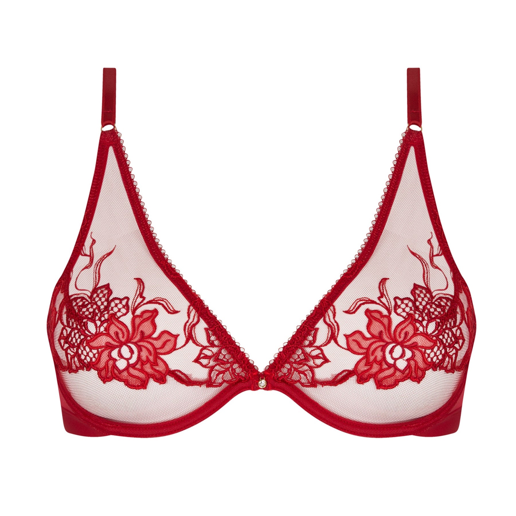 Lise Charmel Adorable En Sexy triangle bra style ACH6985 in Rouge Effusion with sheer mesh cups and floral embroidery, front view