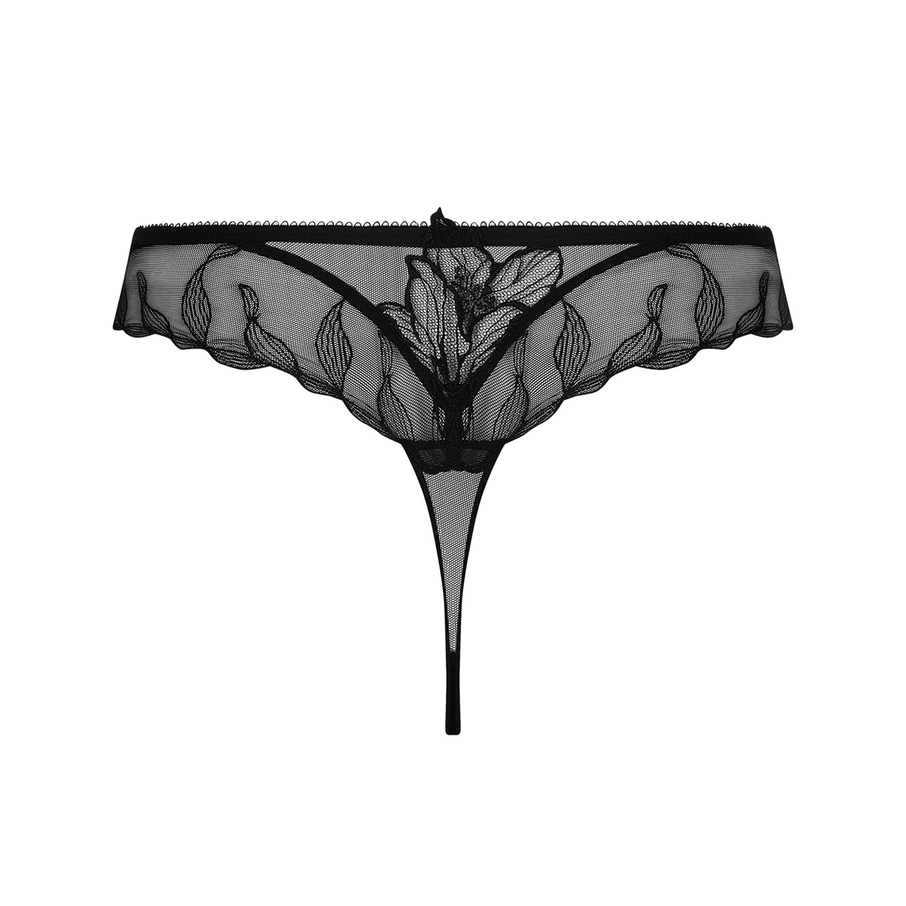 Lise Charmel Désir et Volupté black thong – sheer tulle back with embroidered flower motif, minimal coverage, luxury French lingerie back product image.