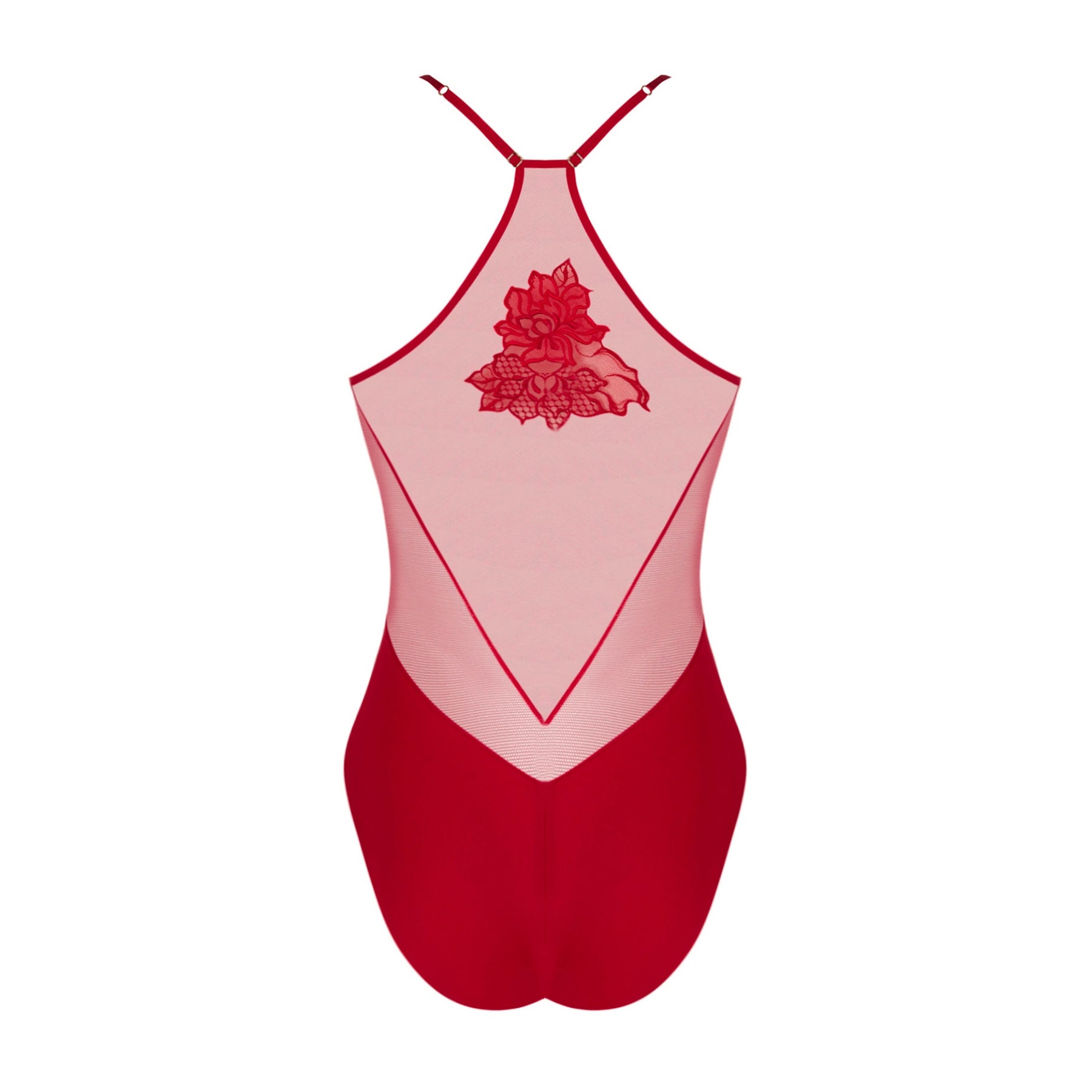 Lise Charmel Adorable En Sexy bodysuit style ALH5285 in rouge effusion, studio back view showing embroidered motif on sheer mesh and smooth brief cut.