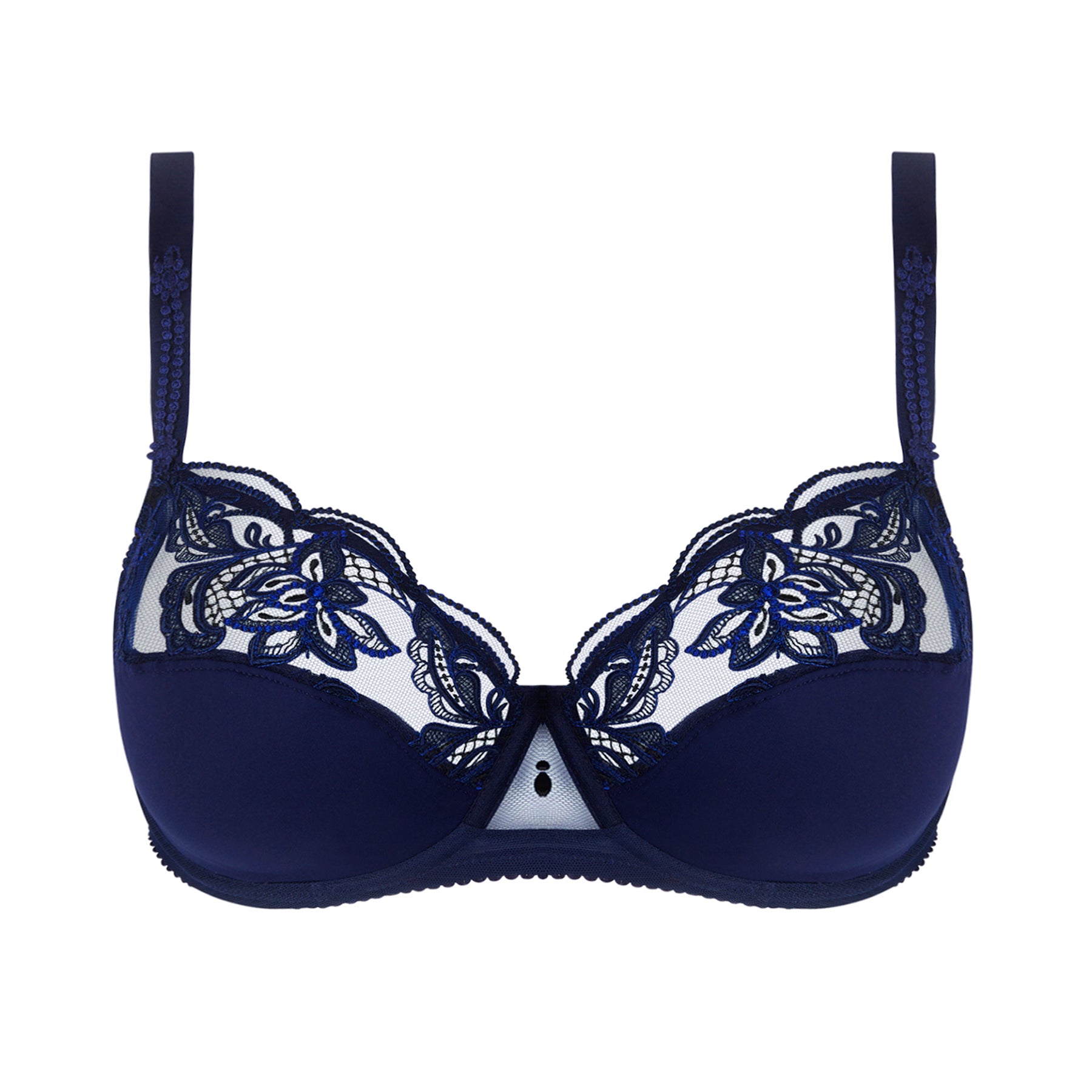 Lise Charmel Éclat Couture Demi Fuller Cup Bra in Bleu Night – embroidered navy lace bra with sheer tulle upper cups and supportive underwire design.