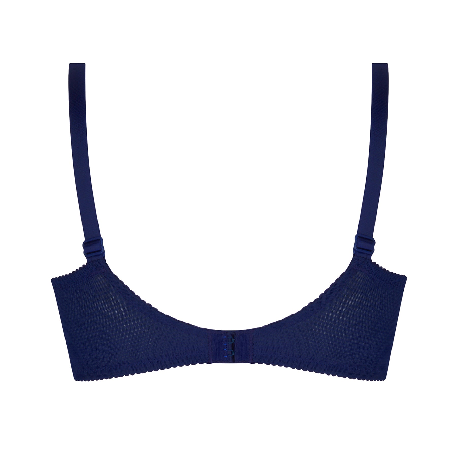 Back view of Lise Charmel Éclat Couture Demi Fuller Cup Bra Bleu Night – adjustable straps and smooth supportive band with hook-and-eye closure.