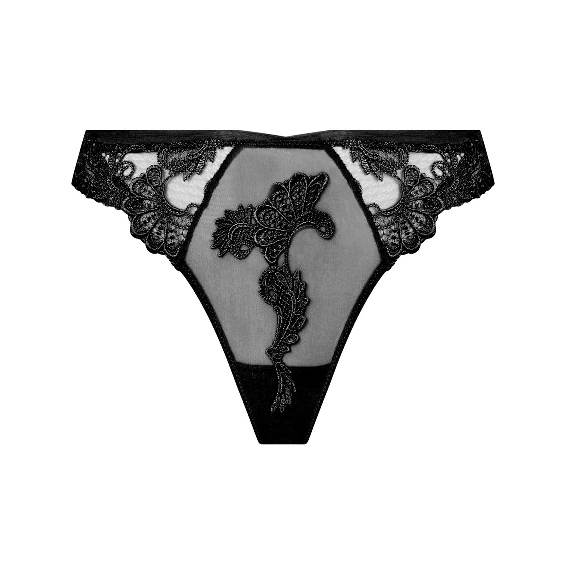 Black thong in sheer tulle mesh with intricate embroidery throughout. Front view without model.