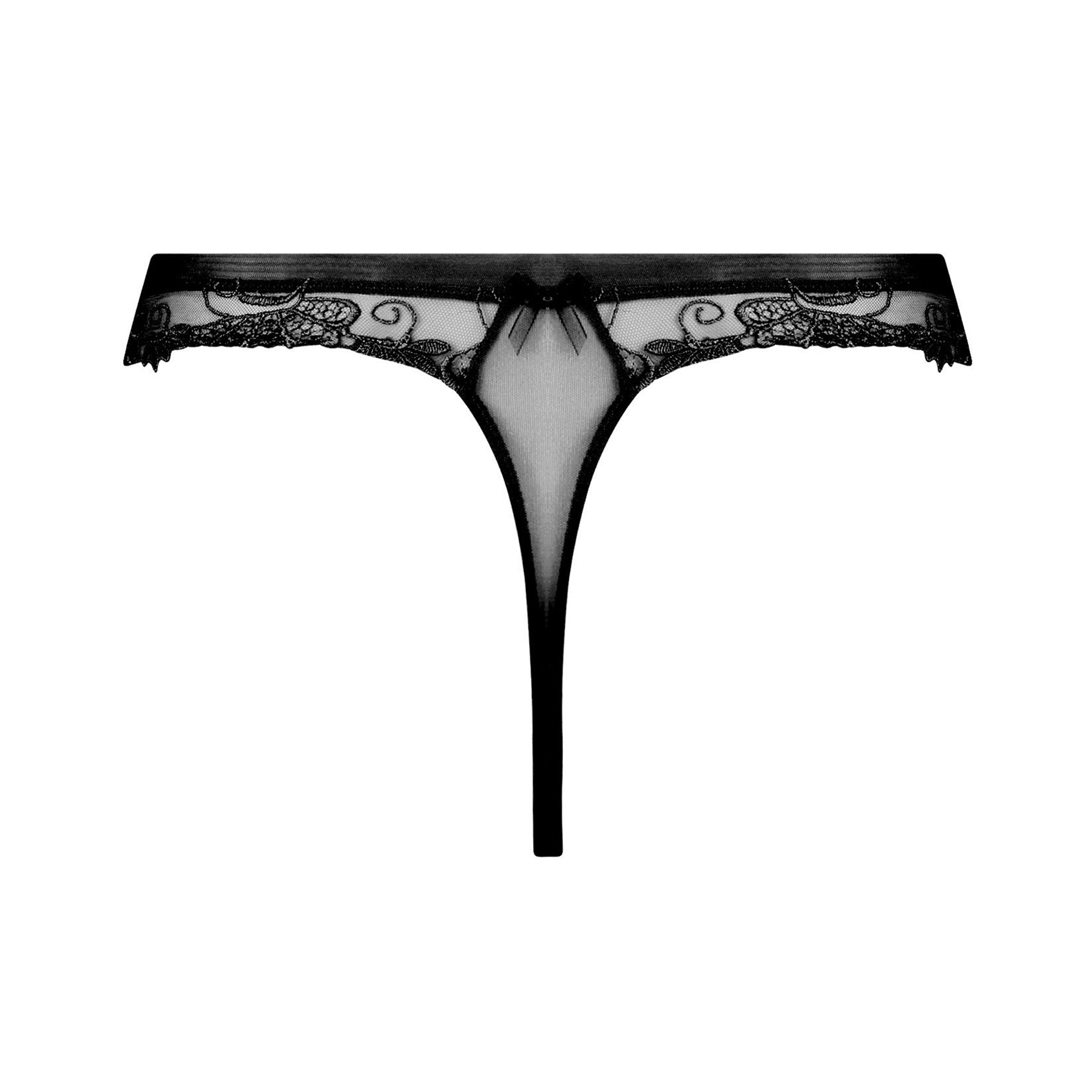 Black thong in sheer tulle mesh with intricate embroidery throughout. Rear view without model.