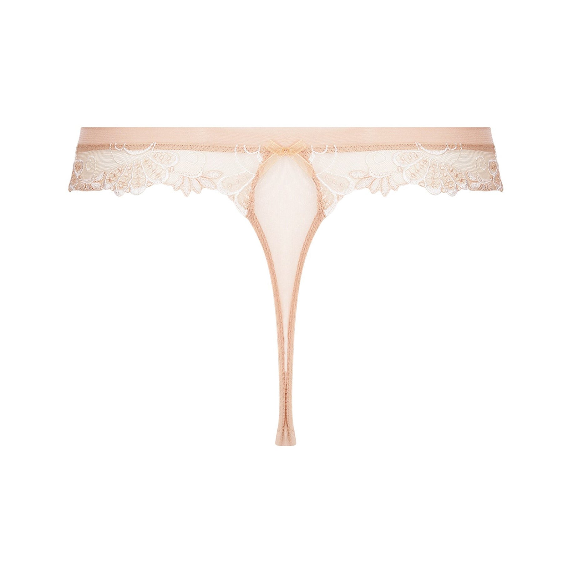 Nude ambre nacre thong in sheer tulle mesh with intricate embroidery throughout. Rear view without model.